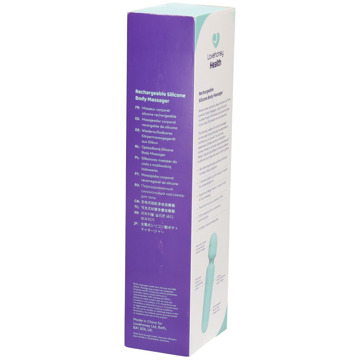 Verpackung des Massagegeräts. Aufschrift: Lovehoney Health. Text: Rechargeable Silicone Body Massager. Mehrsprachige Produktinformationen.