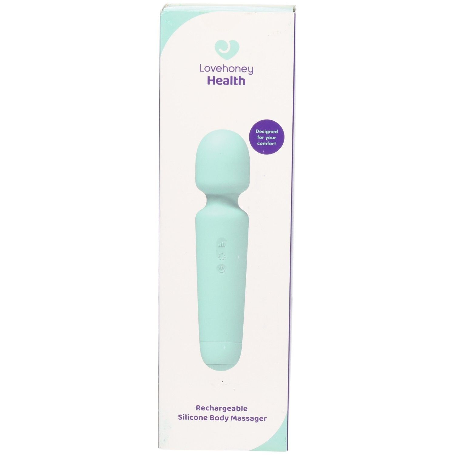 Türkisfarbener, wiederaufladbarer Silikon-Körpermassagegerät in Verpackung. Marke: Lovehoney Health. Text: Rechargeable Silicone Body Massager.