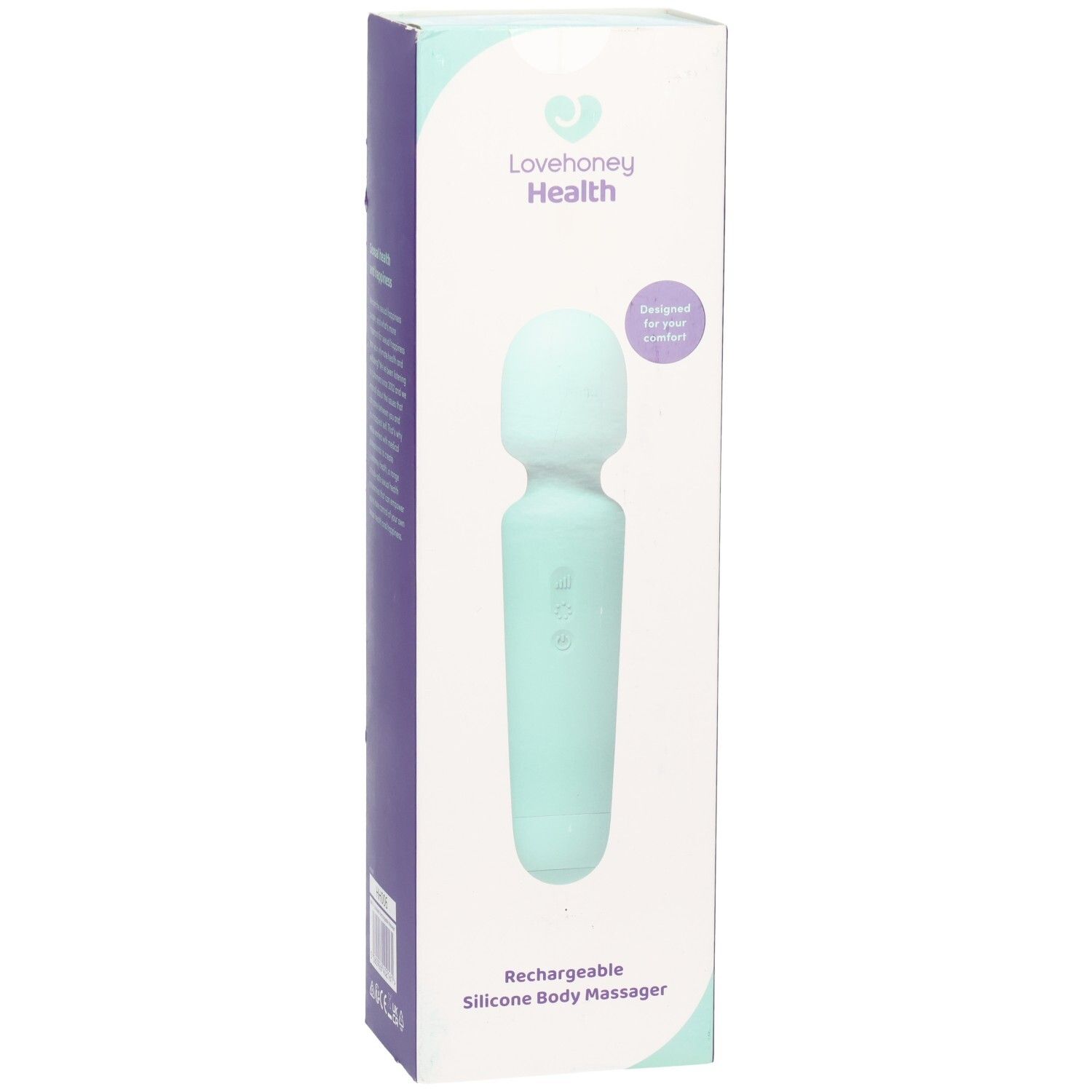 Türkisfarbener, wiederaufladbarer Silikon-Körpermassagegerät in Verpackung. Marke: Lovehoney Health. Text: Rechargeable Silicone Body Massager.