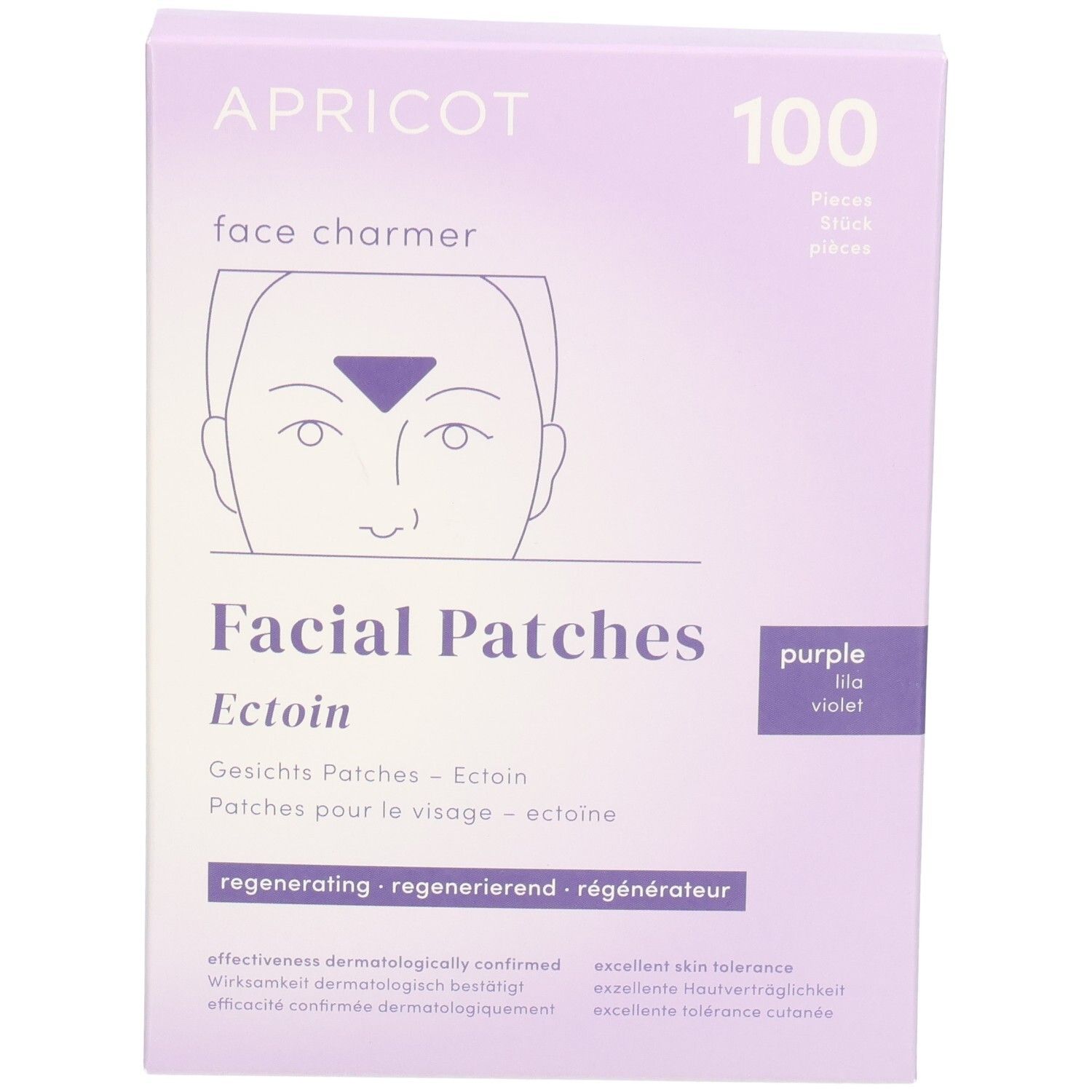 Boîte lilas "APRICOT face charmer" et "Facial Patches Ectoin". 100 pièces.