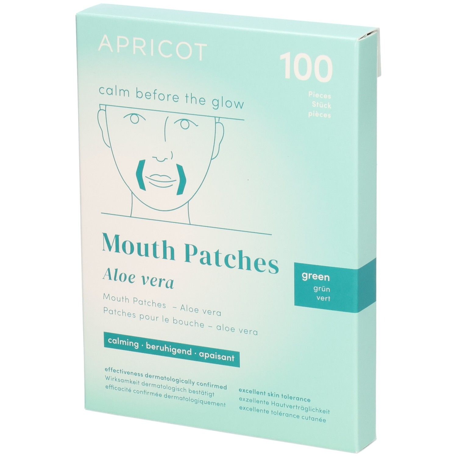 Hellgrüne Schachtel mit Mundpflastern. Aufschrift: APRICOT, Aloe vera, 100 Stück. Text in Deutsch, Französisch, Englisch. Illustration eines Gesichts.