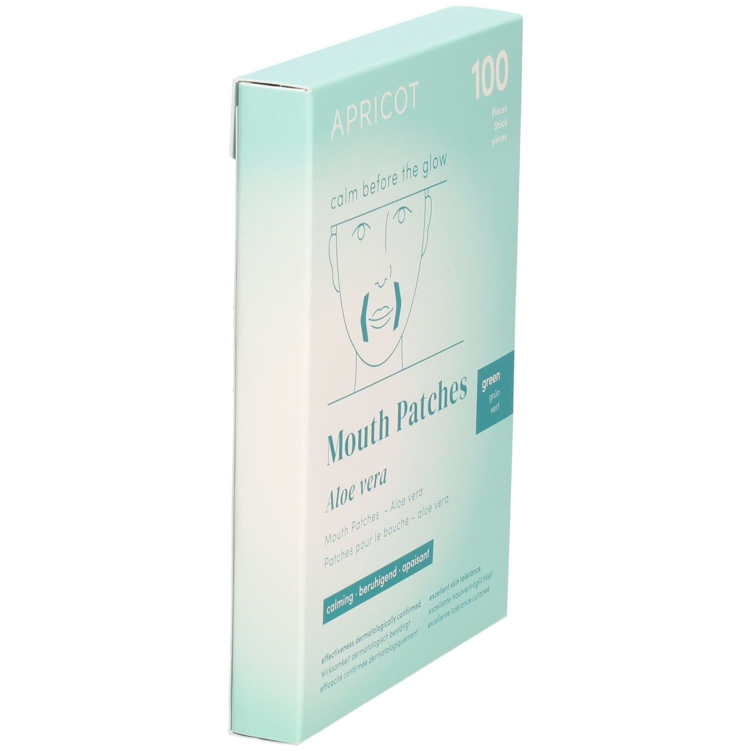 Hellgrüne Schachtel, Mundpflaster. Aufschrift: APRICOT, Aloe vera, 100 Stück. Text in Deutsch, Französisch, Englisch. Seitenansicht.