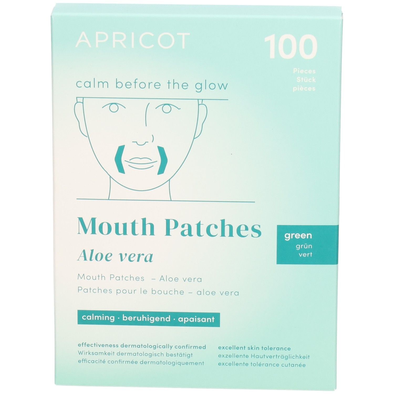 Hellgrüne Schachtel mit Mundpflastern. Aufschrift: APRICOT, Aloe vera, 100 Stück. Text in Deutsch, Französisch, Englisch. Illustration eines Gesichts.