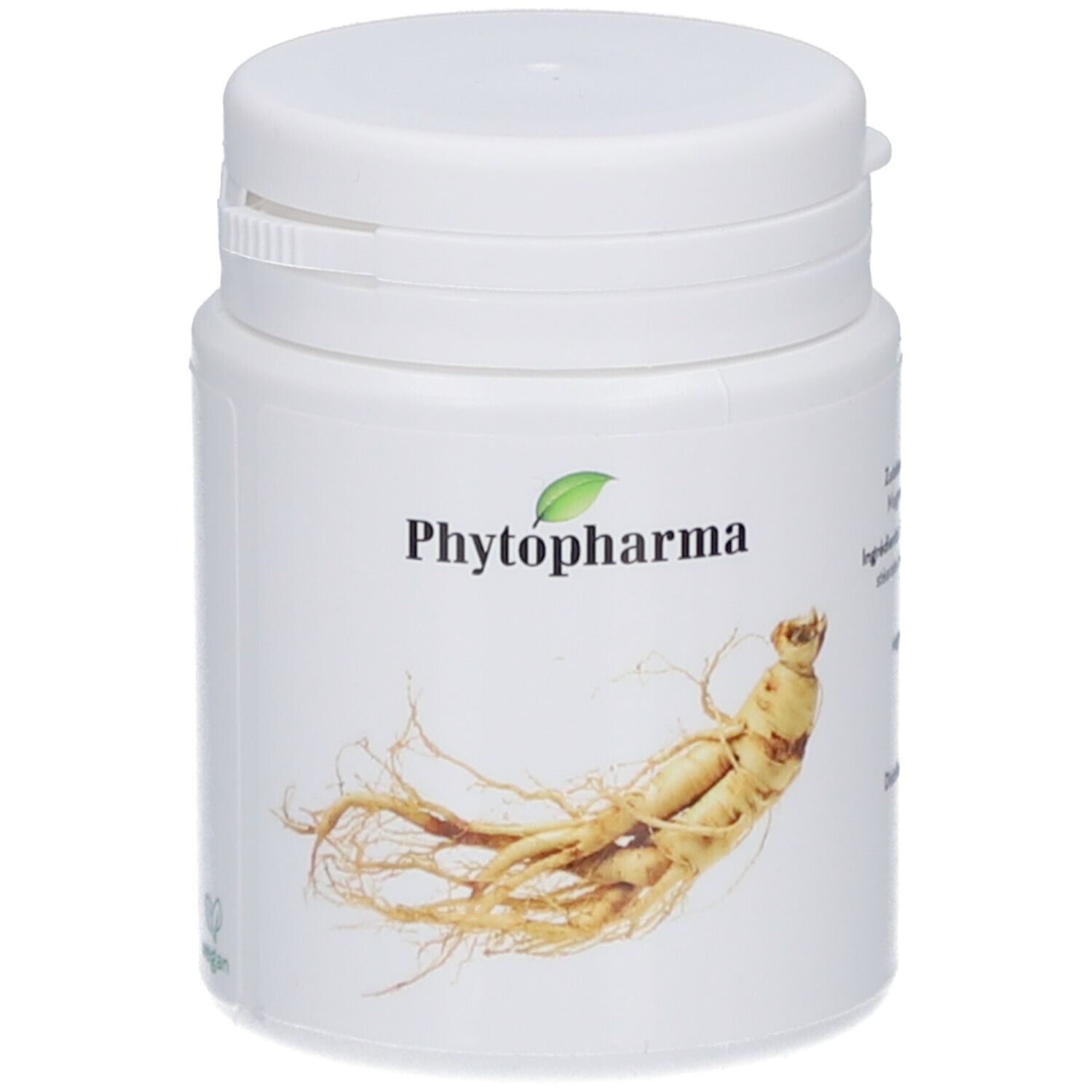 Weiße Flasche mit Schraubverschluss. Aufschrift: Phytopharma, Ginseng-Wurzel-Abbildung.