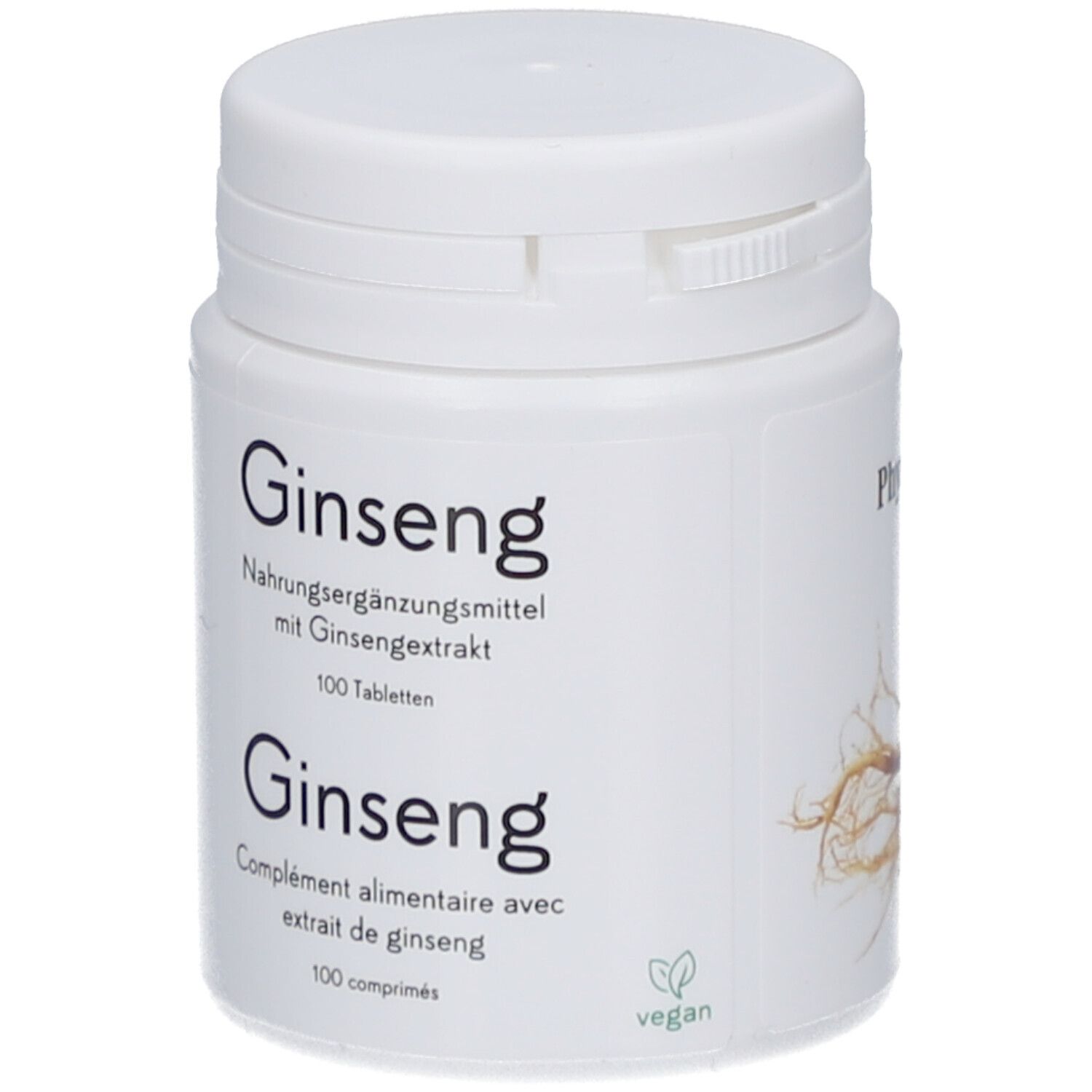 Weiße Flasche mit Schraubverschluss. Aufschrift: Ginseng, Nahrungsergänzungsmittel, 100 Tabletten.