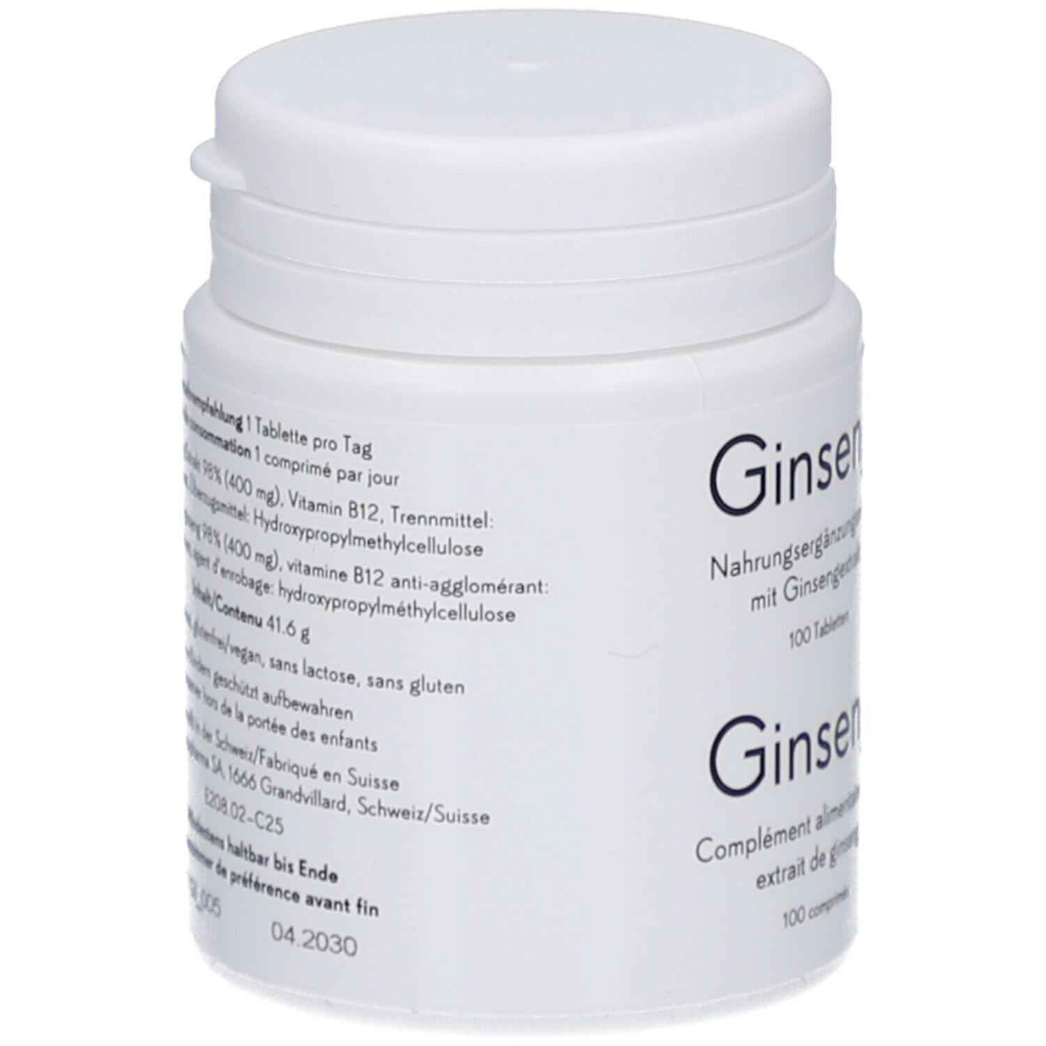 Weiße Flasche mit Schraubverschluss. Aufschrift: Ginseng, 100 Tabletten. Vegan-Logo.