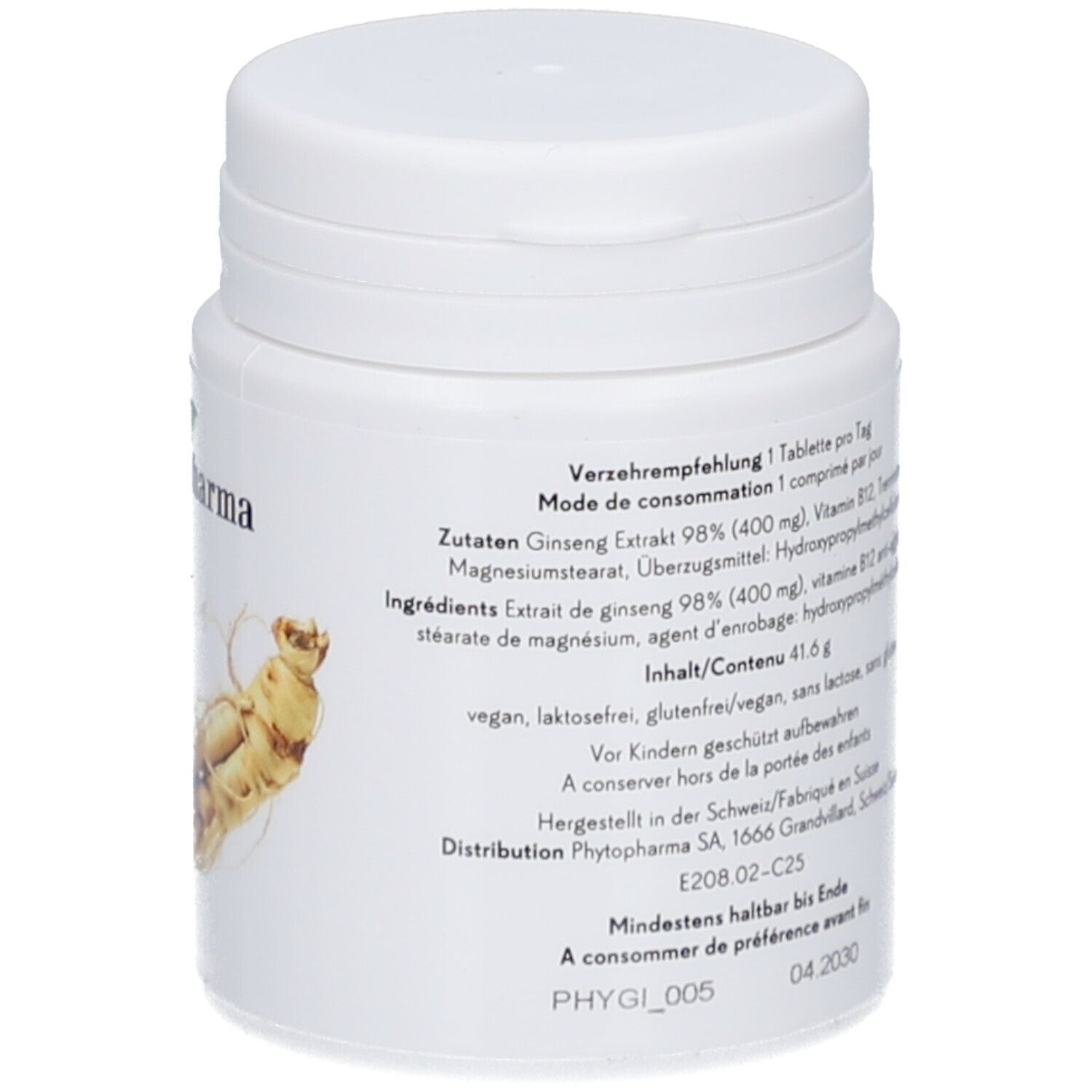 Weiße Flasche mit Schraubverschluss. Aufschrift: Ginseng Extrakt, Zutatenliste, vegan, glutenfrei.