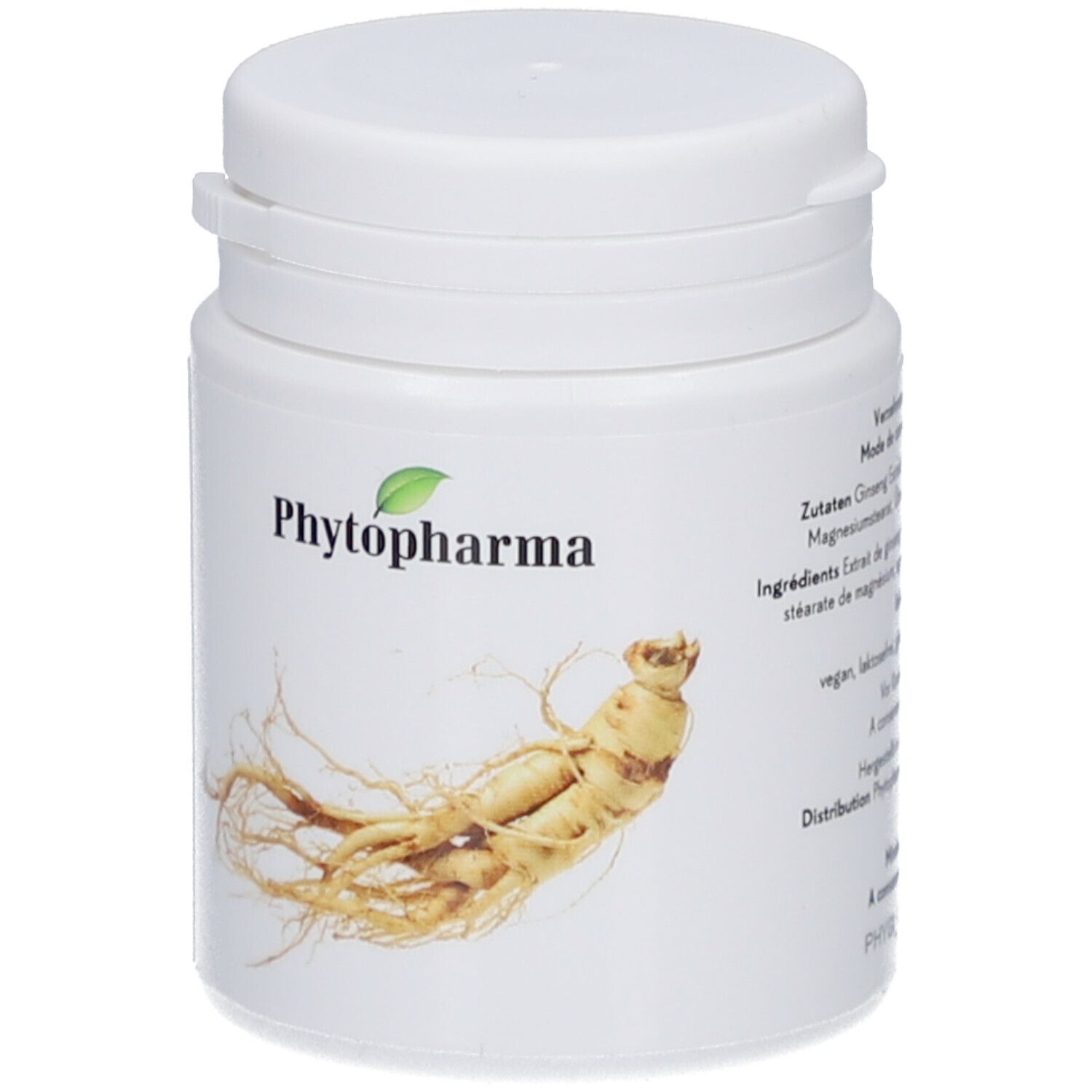 Weiße Flasche mit Schraubverschluss. Aufschrift: Phytopharma, Ginseng-Wurzel-Abbildung.