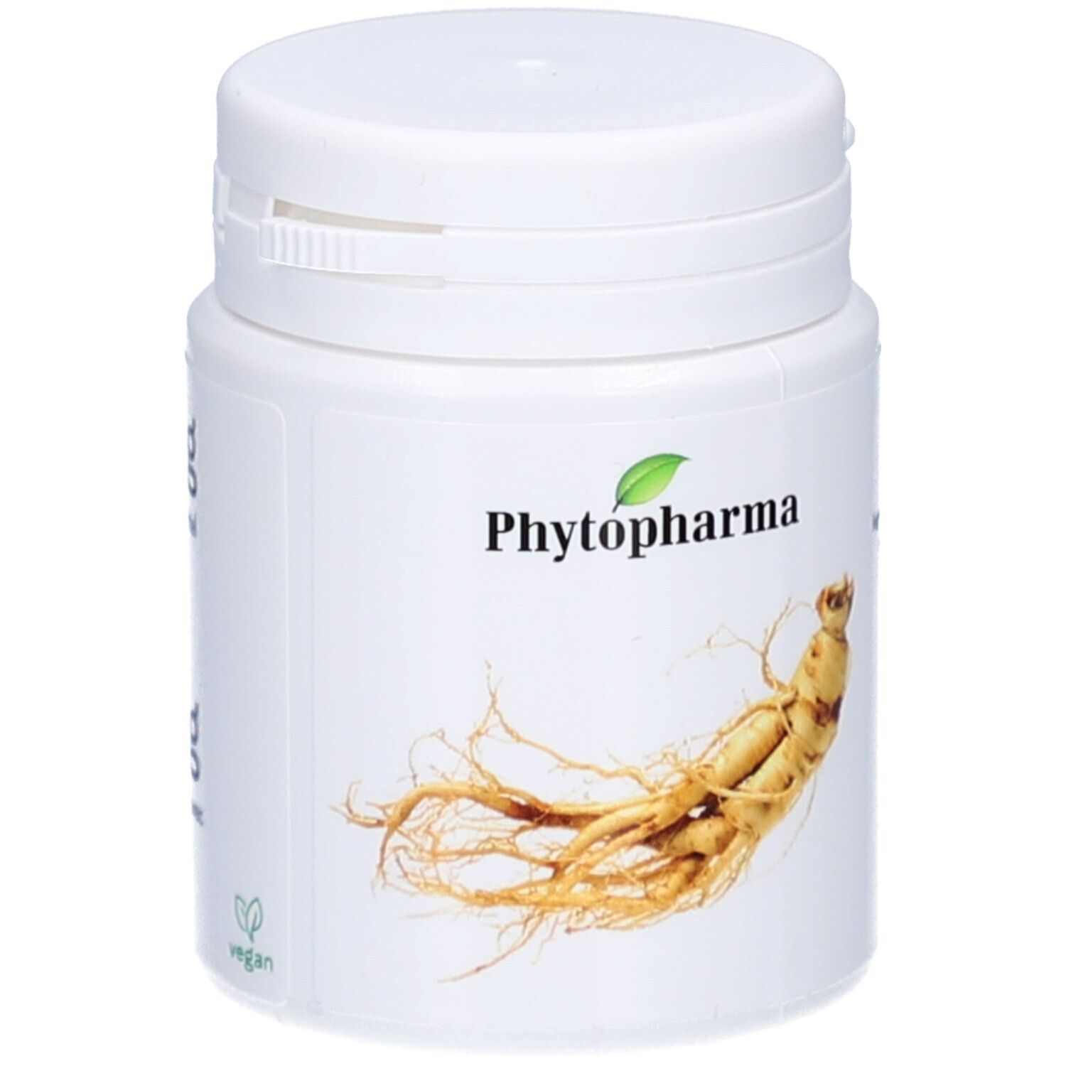 Weiße Flasche mit Schraubverschluss. Aufschrift: Phytopharma, Ginseng-Wurzel-Abbildung, Vegan-Logo.
