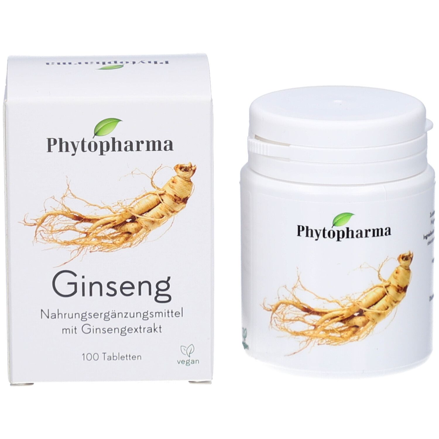 Produktverpackung und Flasche. Aufschrift: Phytopharma, Ginseng, 100 Tabletten, Vegan-Logo.