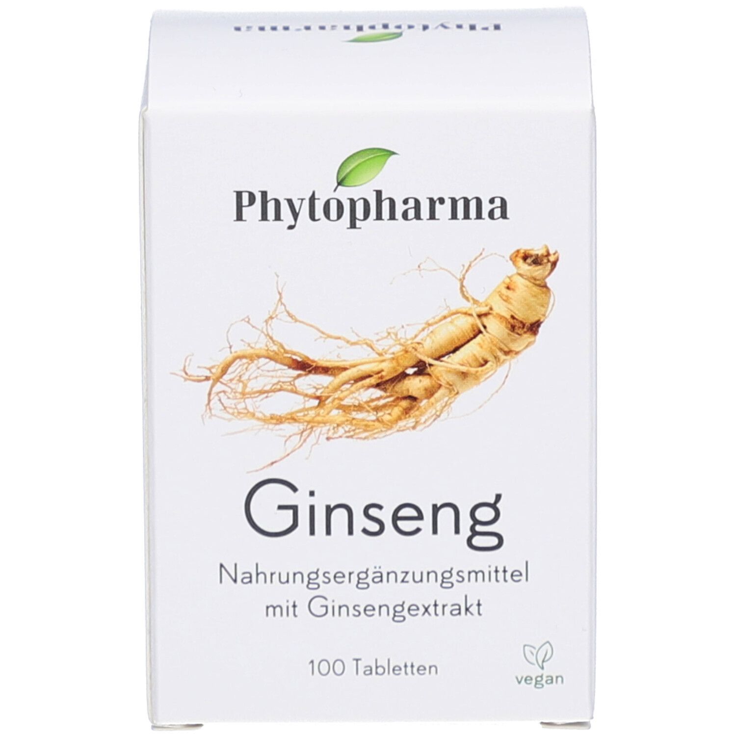 Produktverpackung. Aufschrift: Phytopharma, Ginseng, 100 Tabletten, Vegan-Logo.