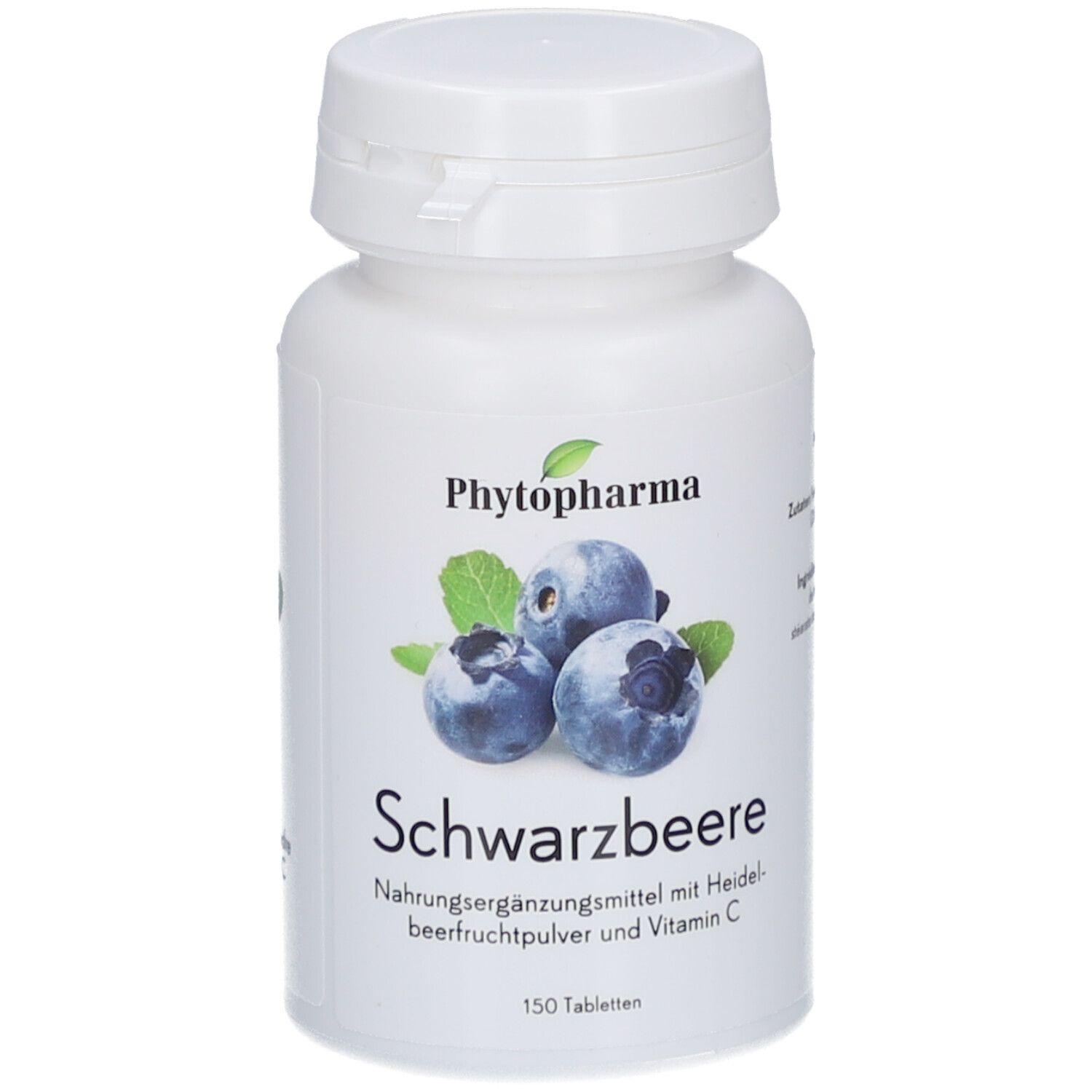 Weiße Flasche mit Kappe. Etikett mit Blaubeeren-Illustration und Text: PHYTOPHARMA, Schwarzebeere, Nahrungsergänzungsmittel.