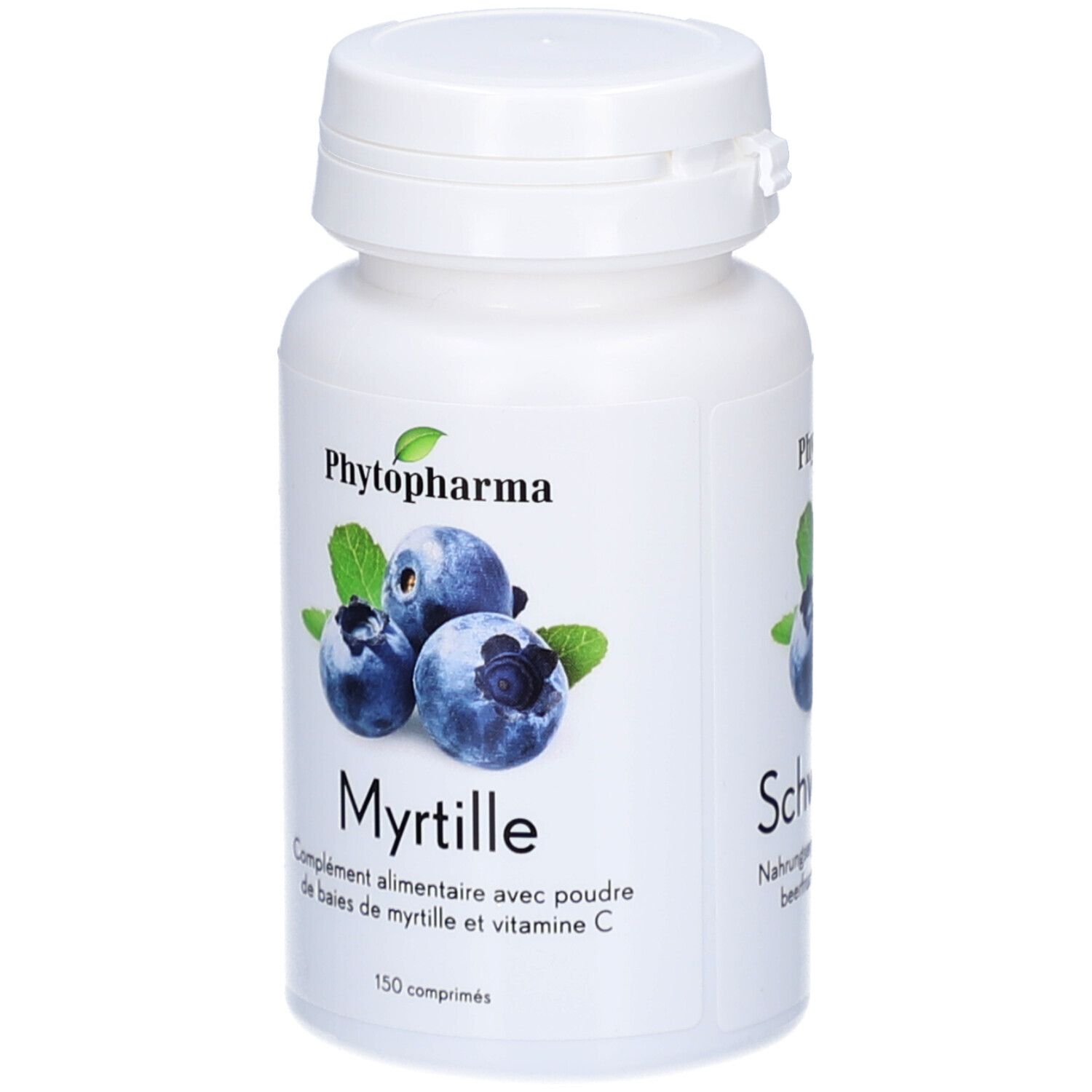 Weiße Flasche mit Kappe. Etikett mit Blaubeeren-Illustration und Text: PHYTOPHARMA, Myrtille, complément alimentaire.