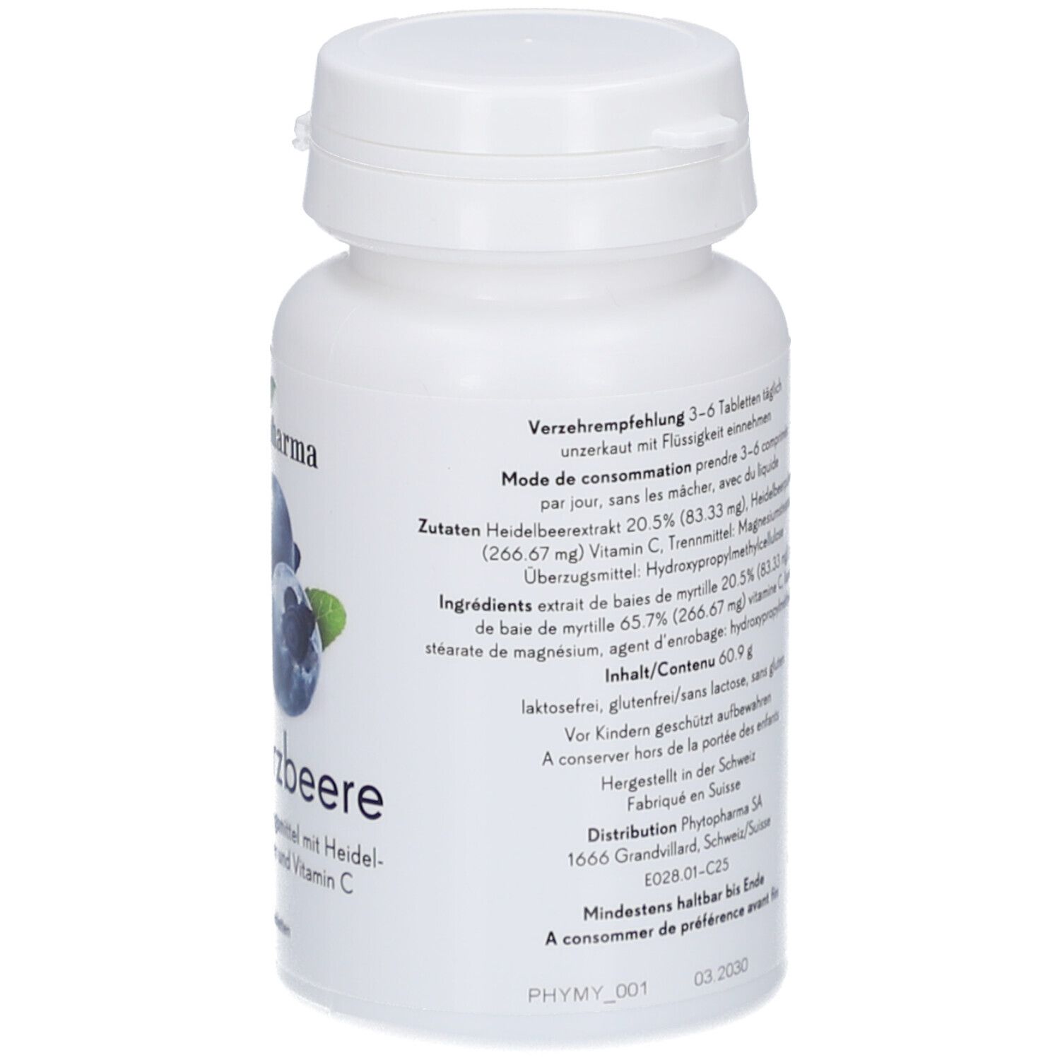 Rückseite einer weißen Flasche. Text: PHYTOPHARMA, Inhaltsstoffe, Verzehrempfehlung, Mindestens haltbar bis.