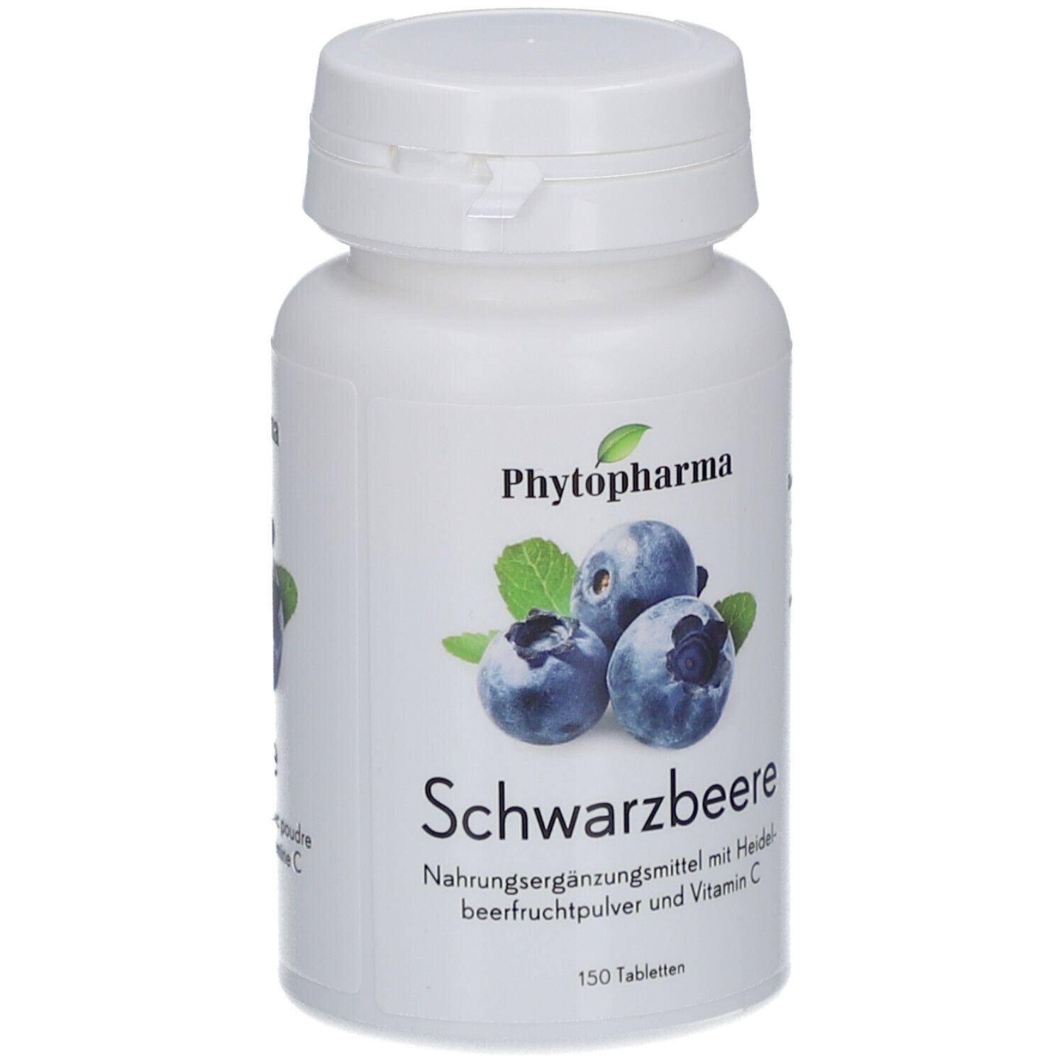 Weiße Flasche mit Kappe. Etikett mit Blaubeeren-Illustration und Text: PHYTOPHARMA, Schwarzebeere, Nahrungsergänzungsmittel.