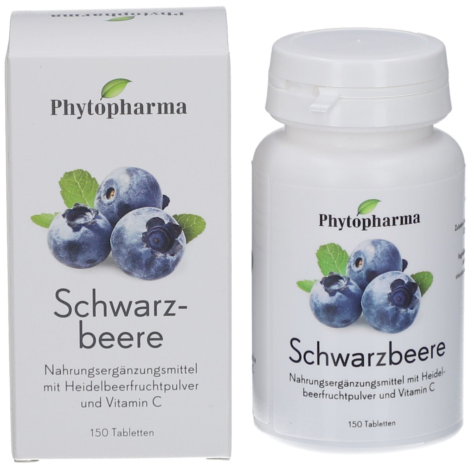 Produktverpackung: Flasche und Schachtel. Beide mit Blaubeeren-Illustration und Text: PHYTOPHARMA, Schwarzebeere.