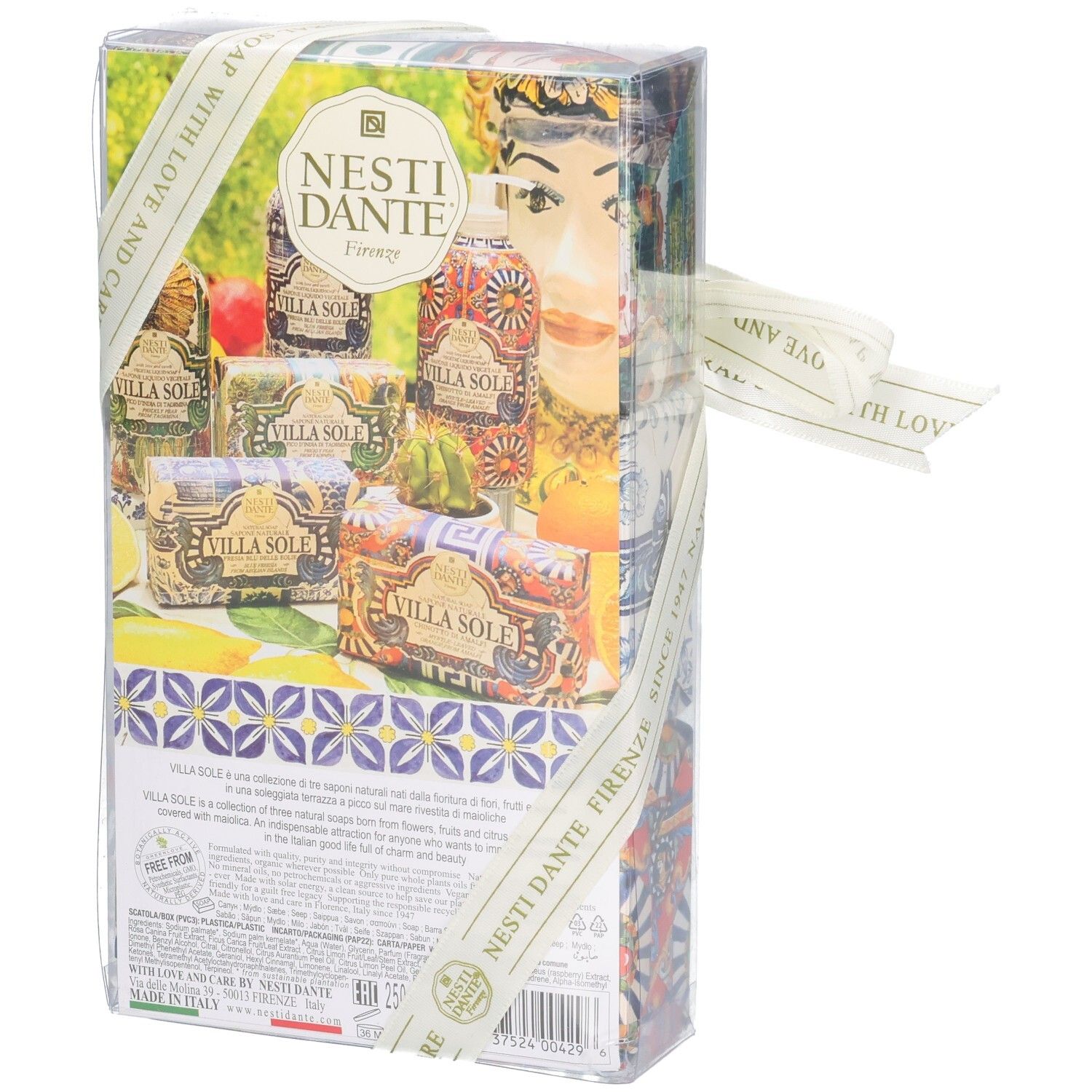 Rückseite einer Nesti Dante Geschenkpackung mit Produktinformationen.