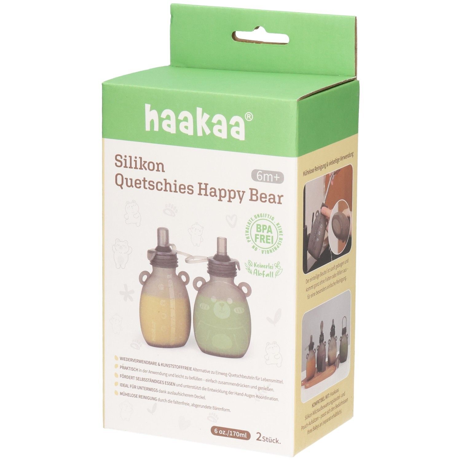 Verpackung für Haakaa Silikon Quetschies Happy Bear, 2 Stück, 170ml. BPA-frei.