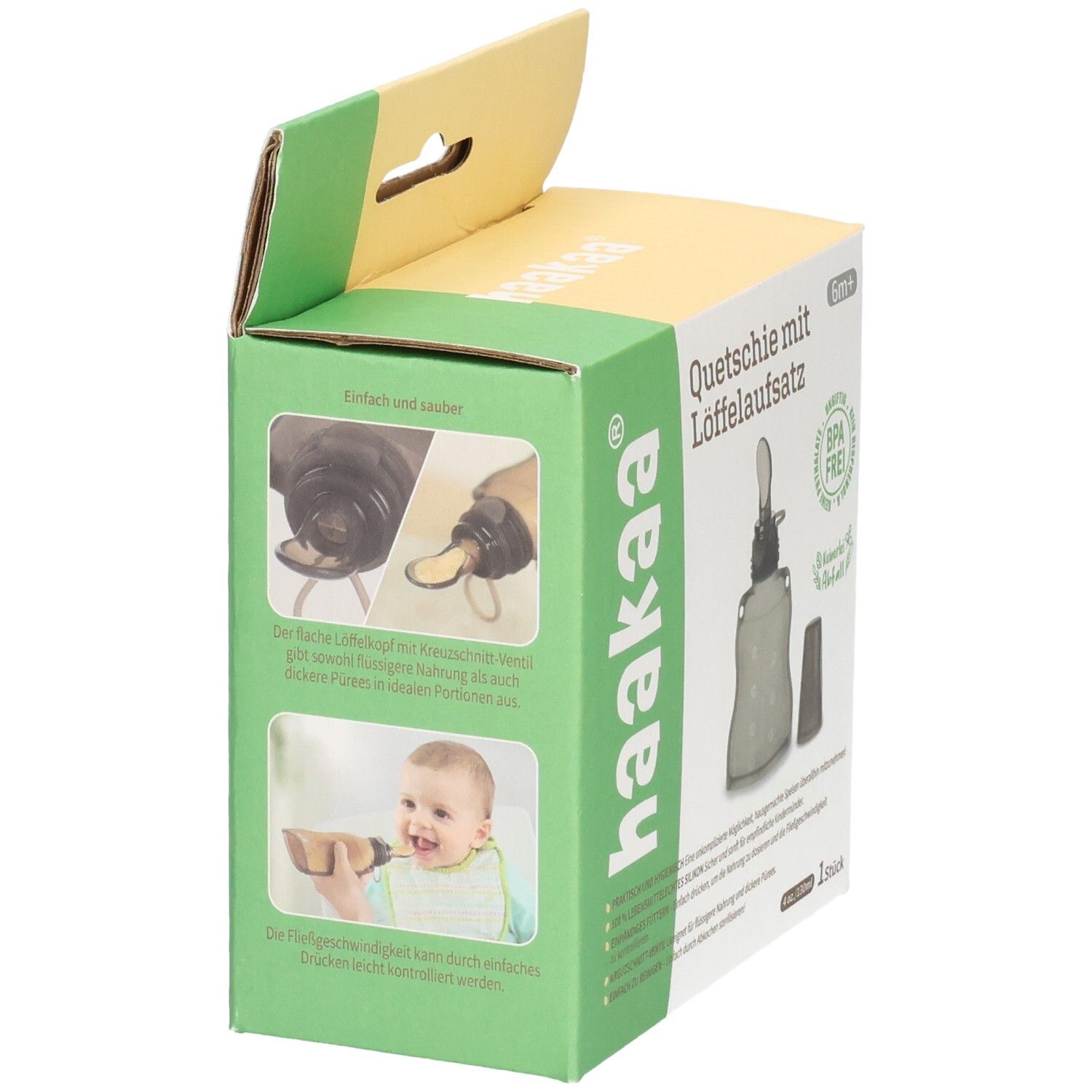 Verpackung des Haakaa Quetschie mit Löffelaufsatz. Zeigt Produktabbildungen und Anwendungshinweise.