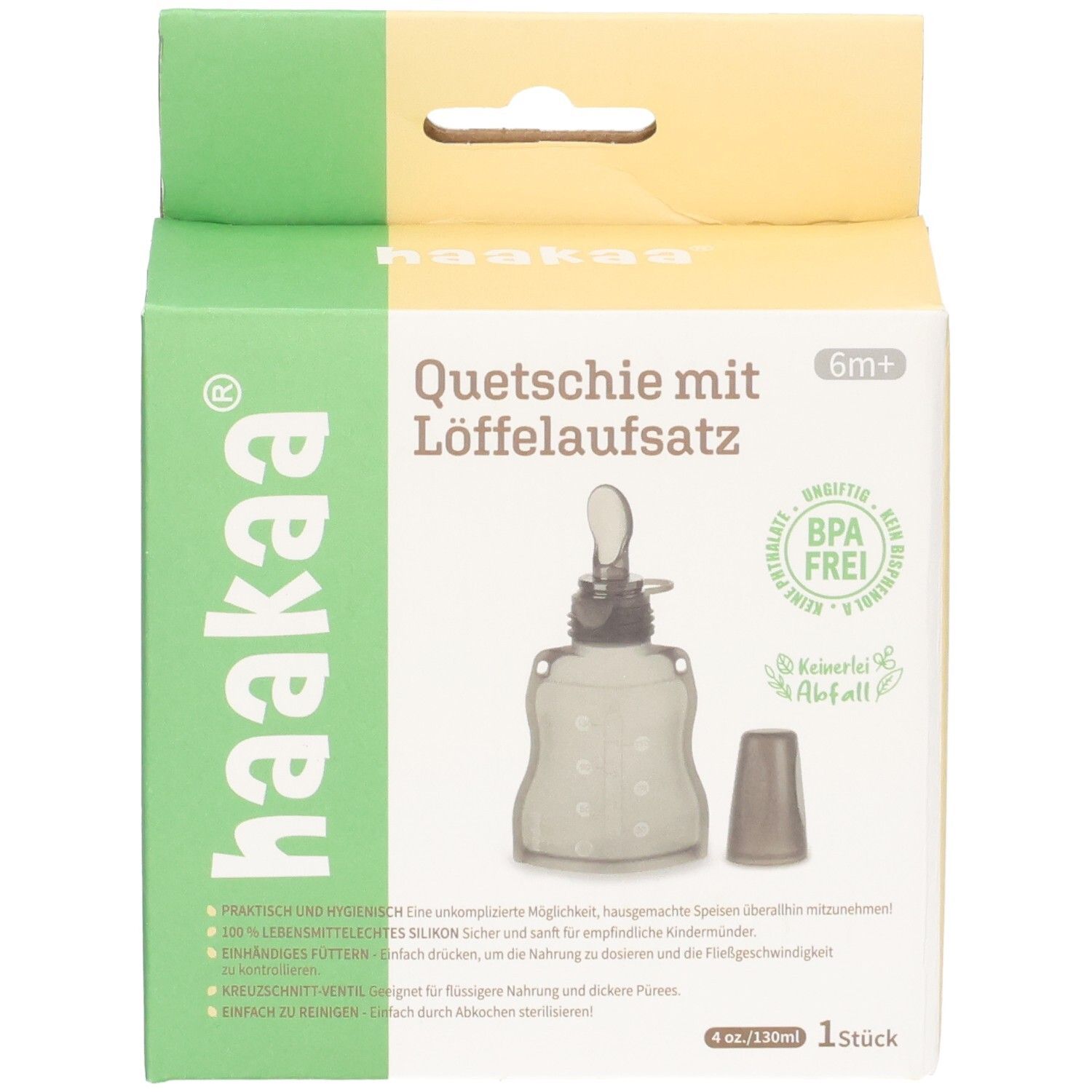 Vorderseite der Haakaa Quetschie Verpackung. Zeigt den Quetschie mit Löffelaufsatz und wichtige Produktmerkmale.