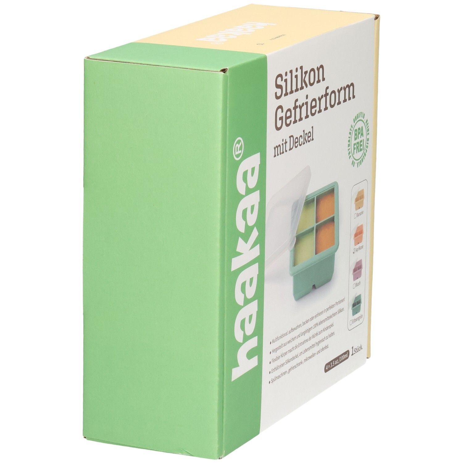 Haakaa Silikon Gefrierform mit Deckel, 4 Fächer, BPA-frei.