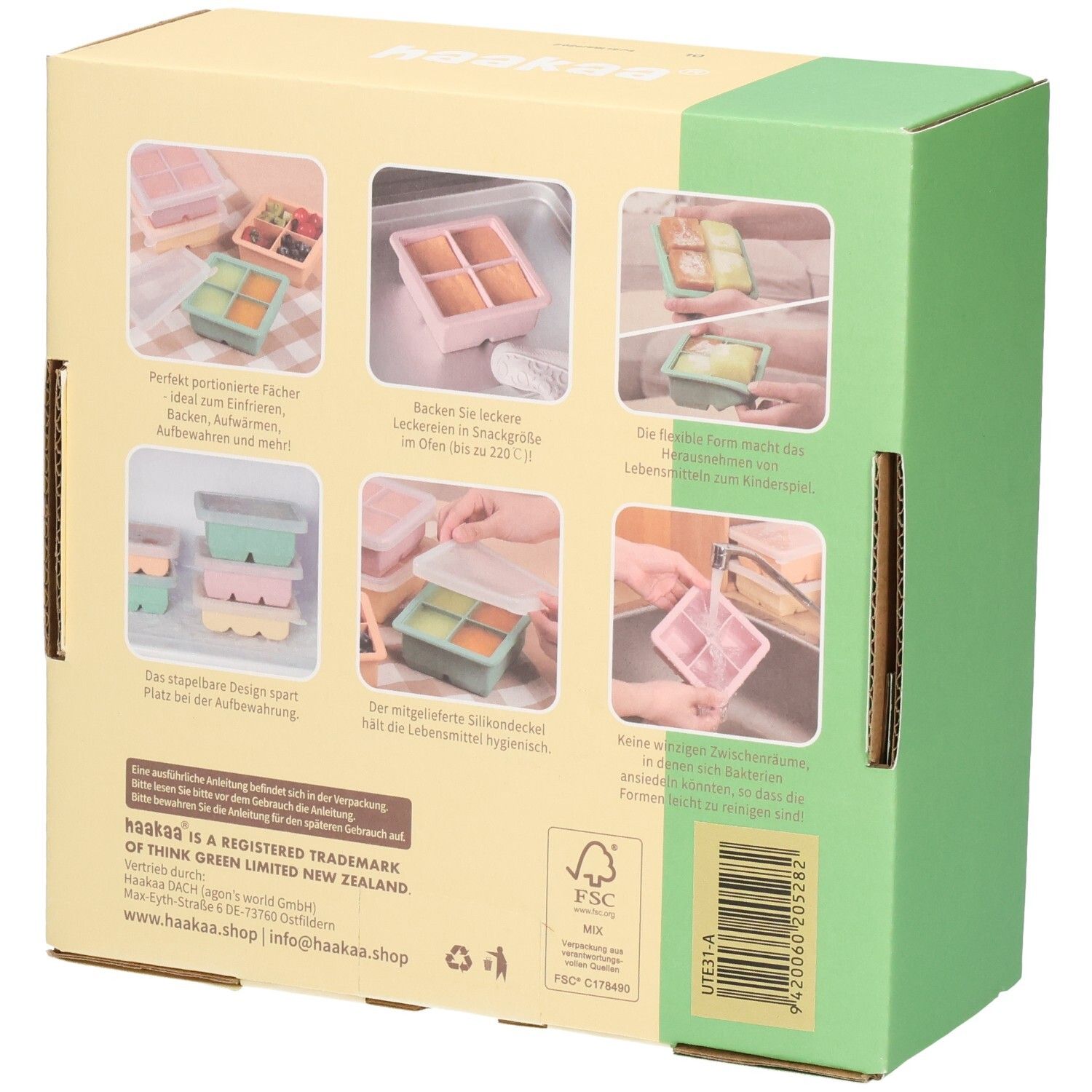 Rückseite der Haakaa Silikon Gefrierform Verpackung mit Anwendungshinweisen.