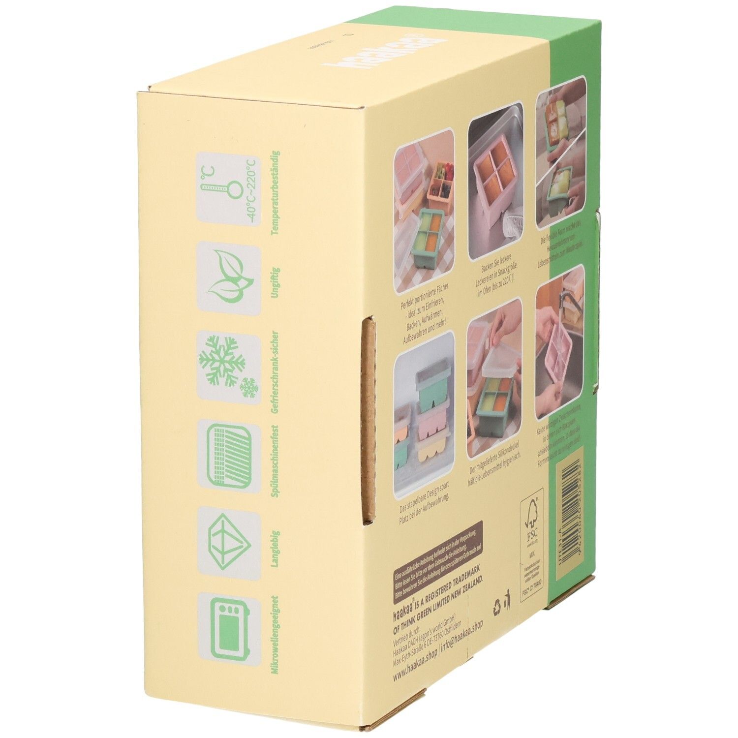 Seitenansicht der Haakaa Silikon Gefrierform Verpackung mit Symbolen.