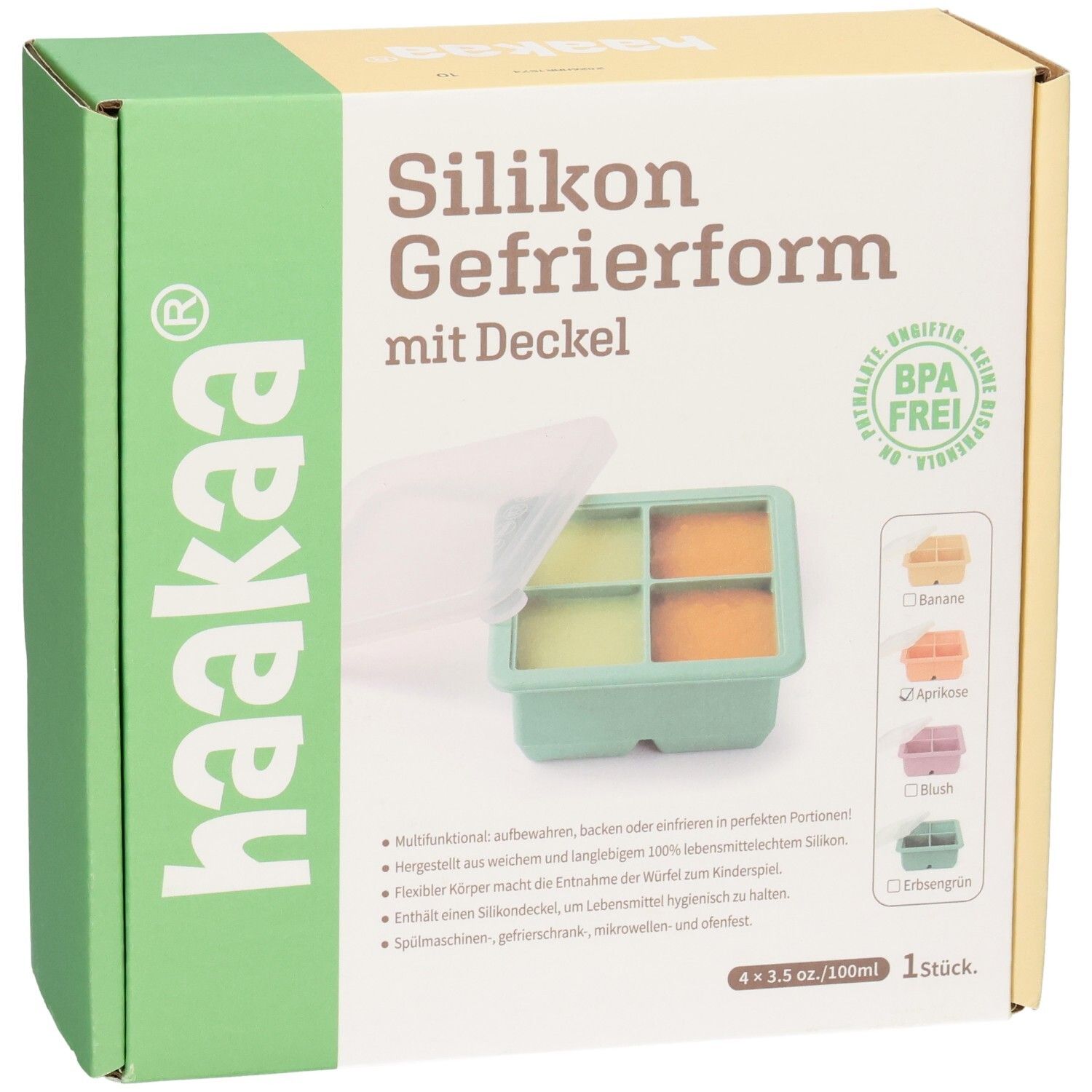 Haakaa Silikon Gefrierform mit Deckel, 4 Fächer, BPA-frei.
