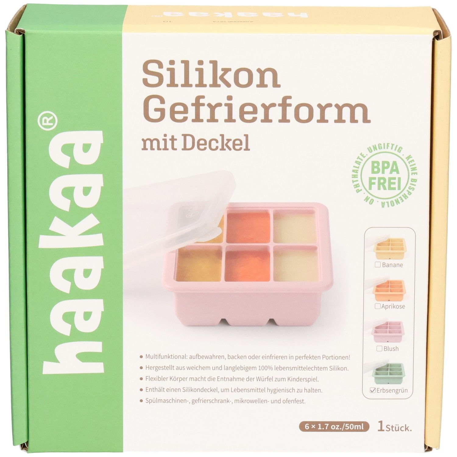 Haakaa Silikon Gefrierform mit Deckel, 6 Fächer, BPA-frei, rosa.