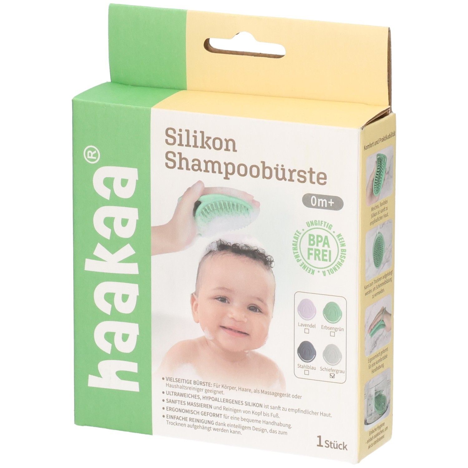 Emballage de brosse à shampoing en silicone Haakaa avec motif de bébé et informations produit.
