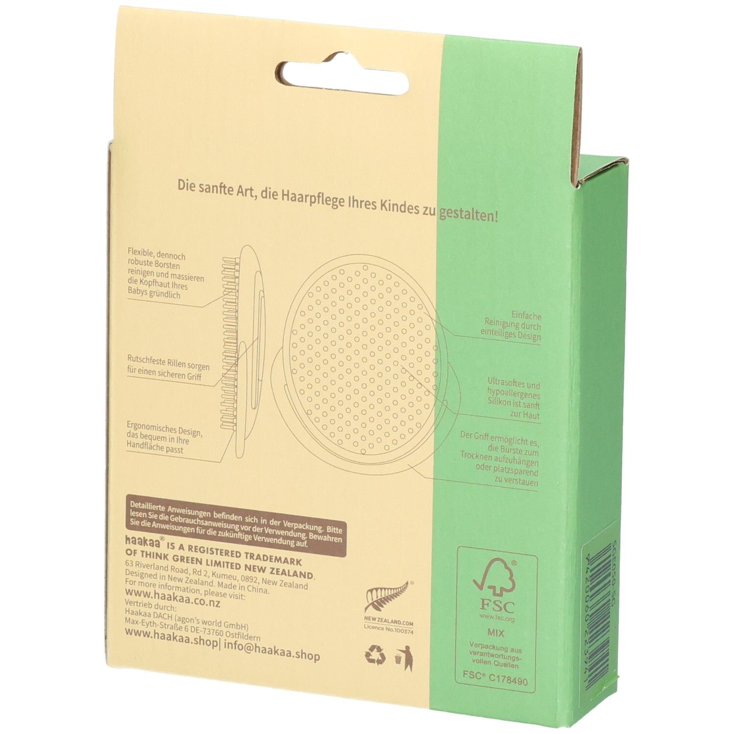 Arrière de l'emballage de brosse à shampoing Haakaa avec caractéristiques détaillées du produit et sceau FSC.