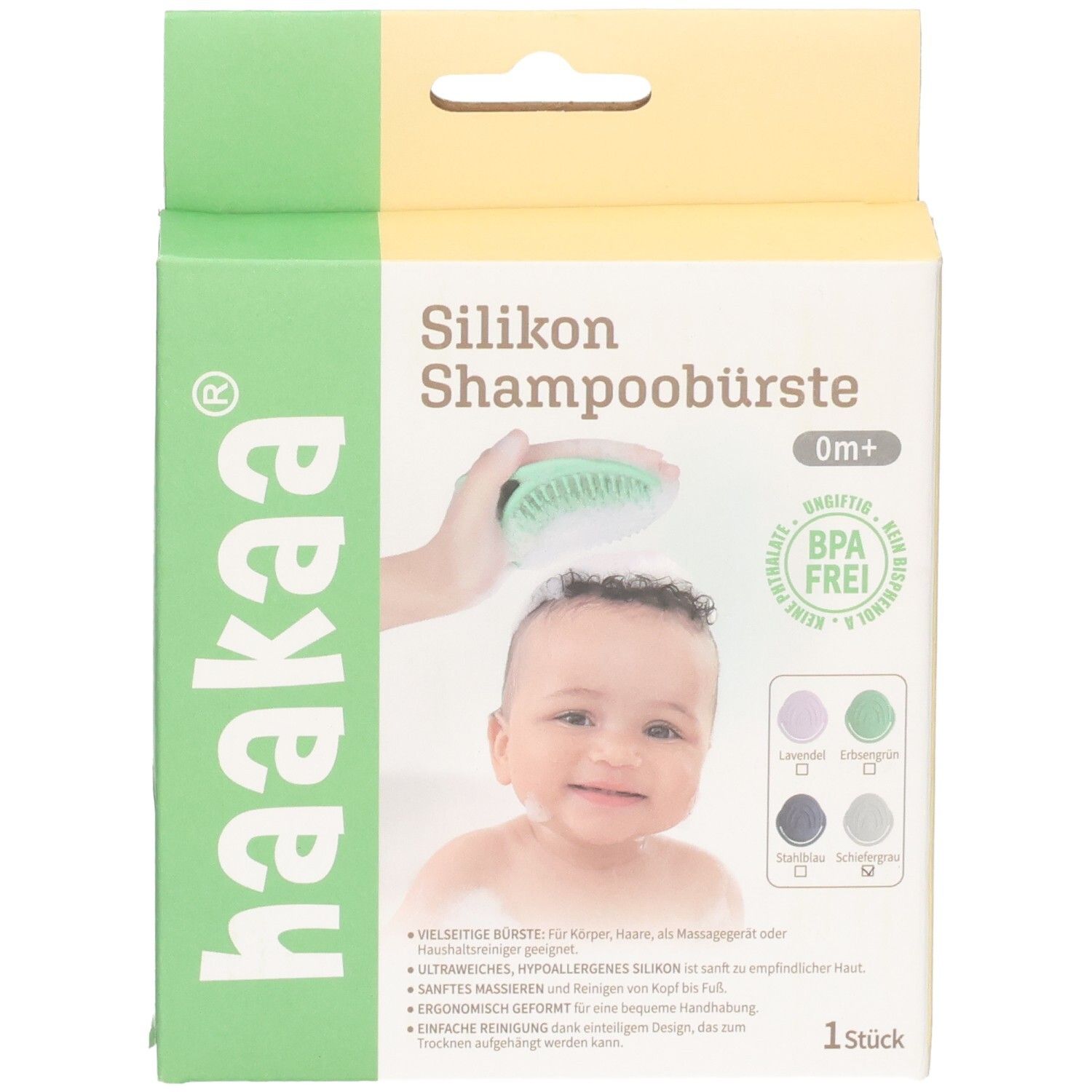Emballage de brosse à shampoing en silicone Haakaa avec motif de bébé, sceau sans BPA et options de couleur.