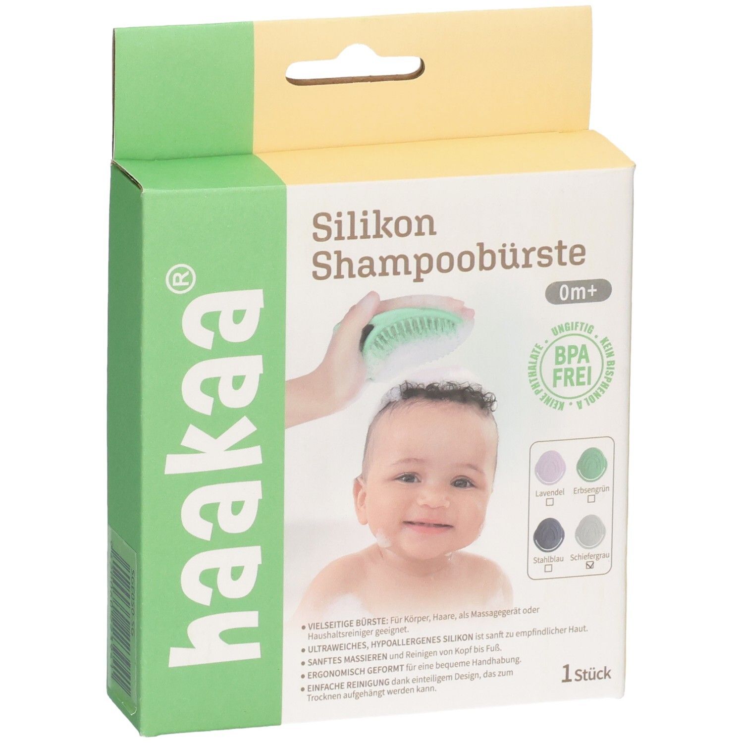 Avant de l'emballage de brosse à shampoing en silicone Haakaa avec motif de bébé et caractéristiques produit.