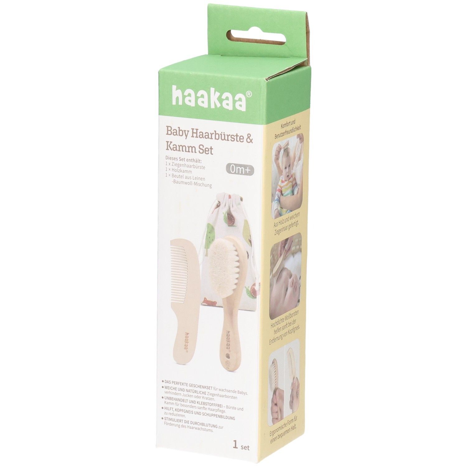 Set brosse et peigne Haakaa pour bébé en emballage d'origine, 0m+. Comprend brosse, peigne et pochette.