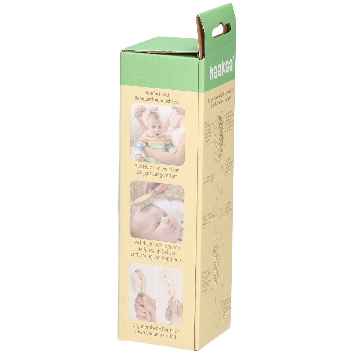 Vue latérale de l'emballage d'origine du set brosse et peigne Haakaa pour bébé avec images d'application et caractéristiques du produit.