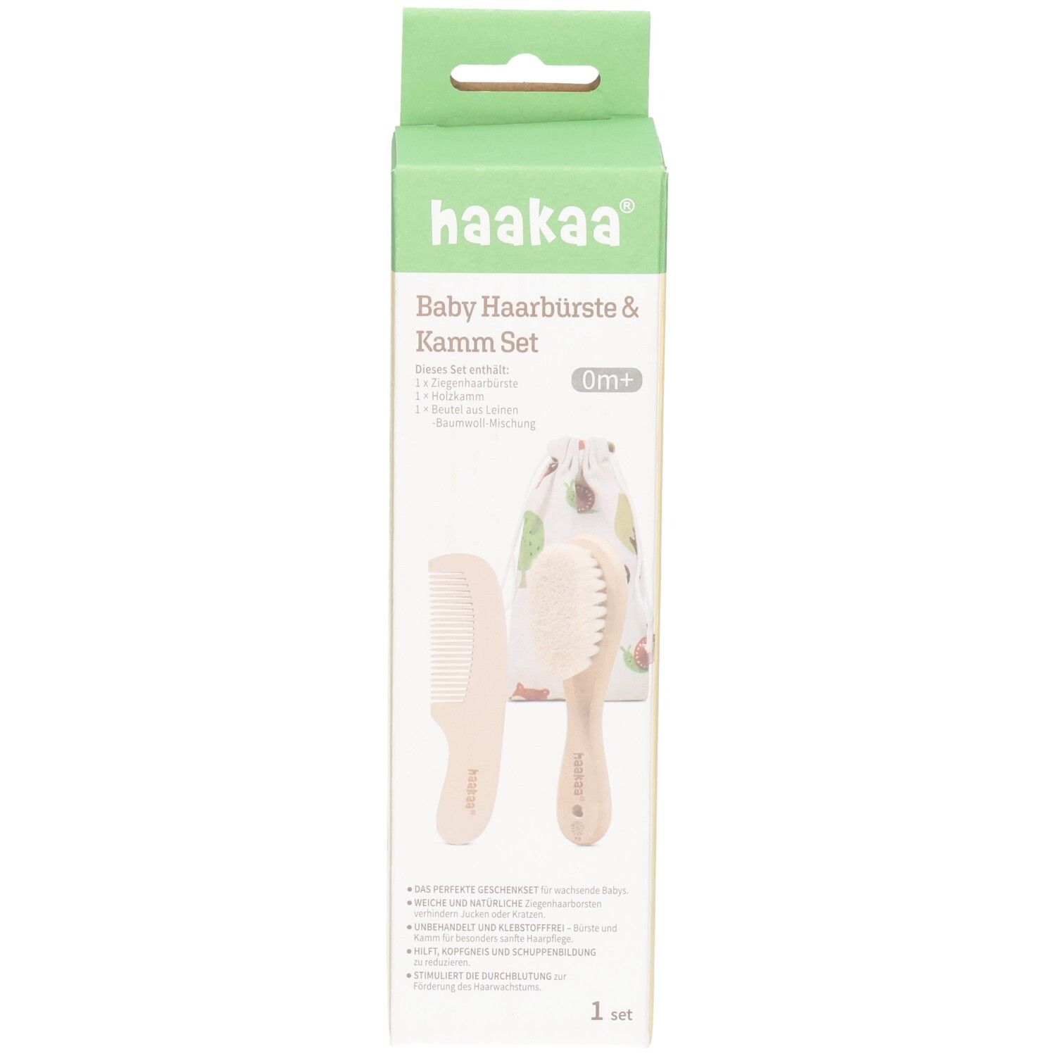 Set brosse et peigne Haakaa pour bébé en emballage d'origine, 0m+. Comprend brosse, peigne et pochette. Vue de face.