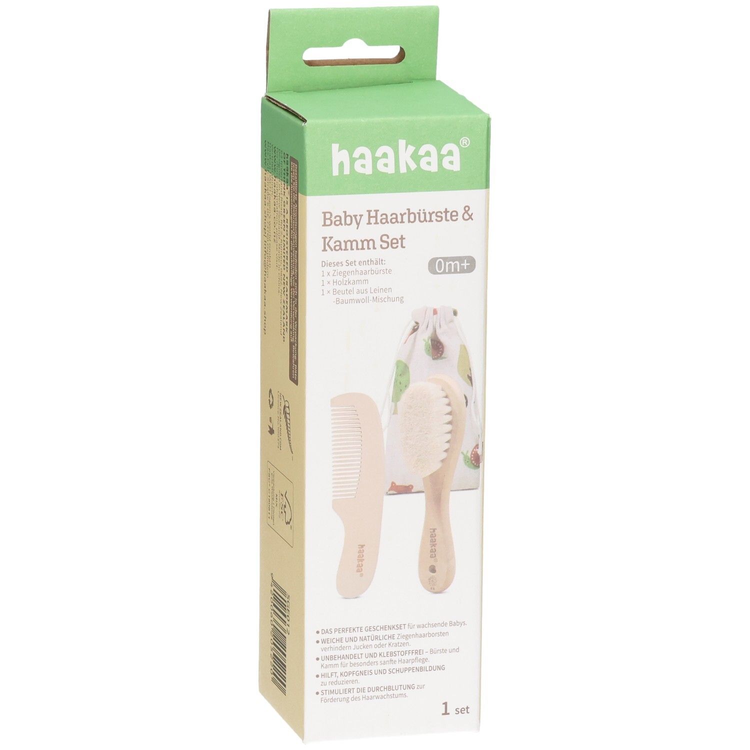 Set brosse et peigne Haakaa pour bébé en emballage d'origine, 0m+. Comprend brosse, peigne et pochette. Vue de face.