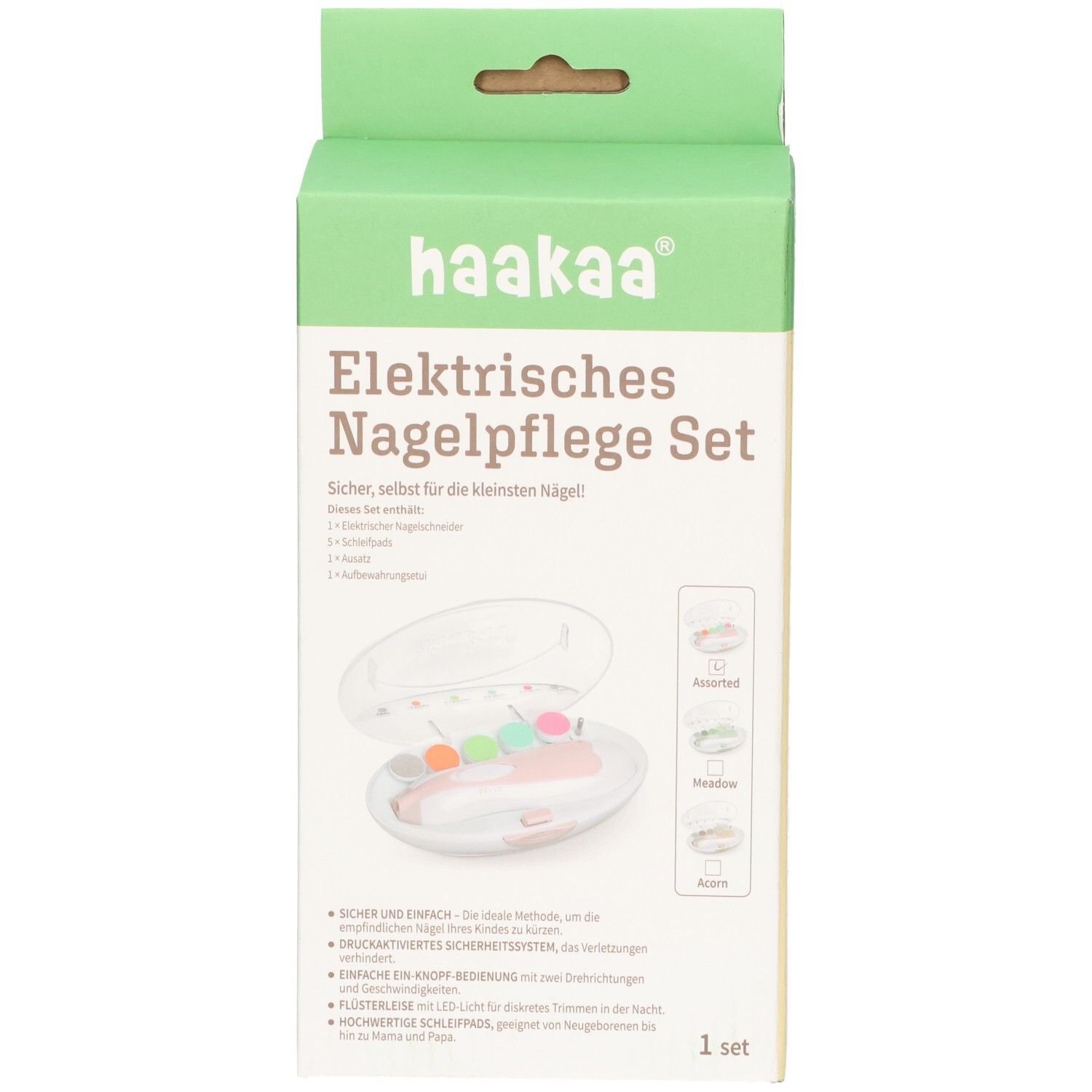 Haakaa Elektrisches Nagelpflege Set im geöffneten Etui mit elektrischem Gerät und farbigen Aufsätzen.