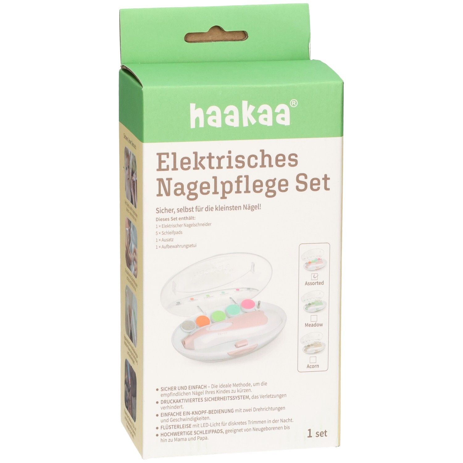 Haakaa Elektrisches Nagelpflege Set im geöffneten Etui mit elektrischem Gerät und farbigen Aufsätzen.
