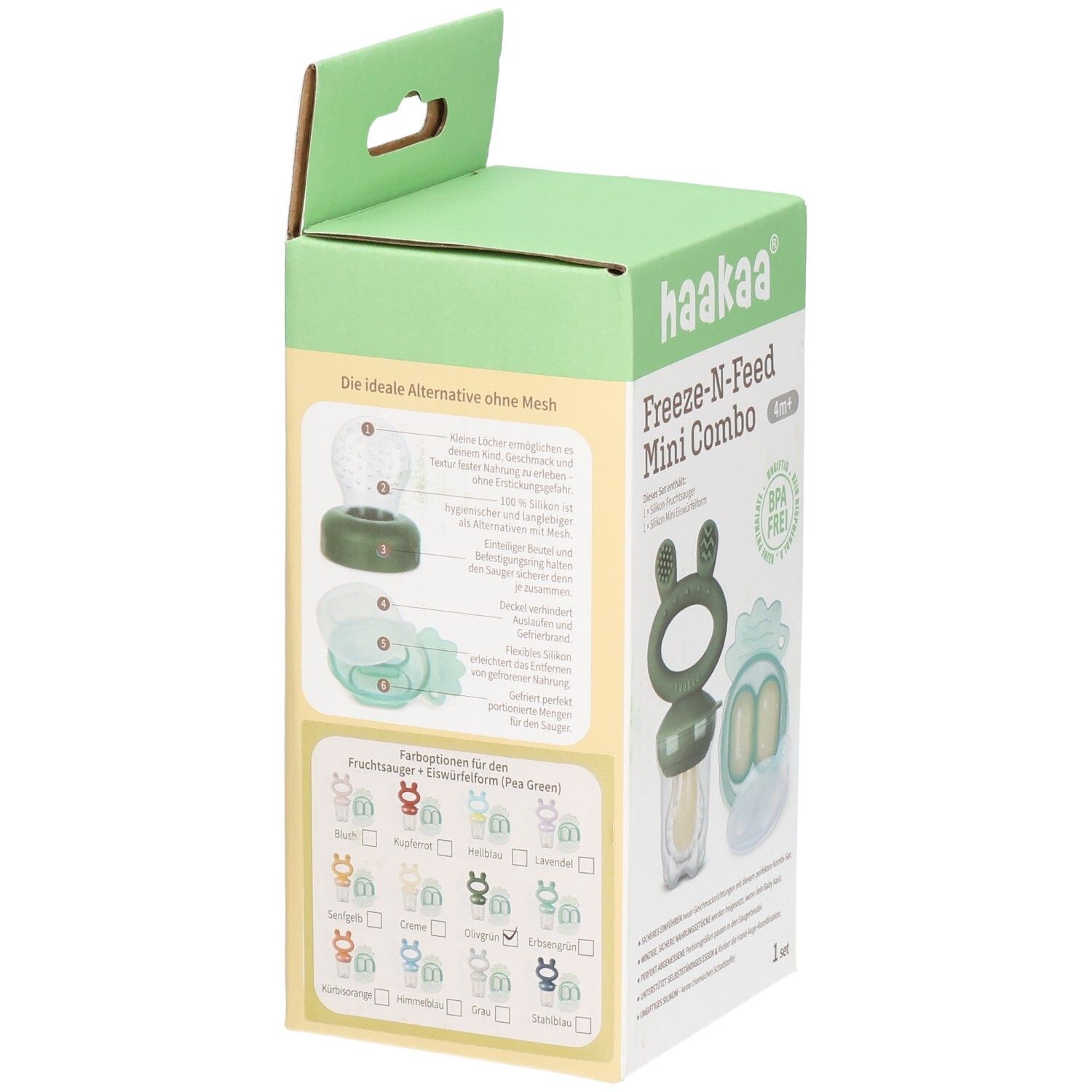 Rückseite der Haakaa Freeze-N-Feed Mini Combo Verpackung mit Produktinformationen.