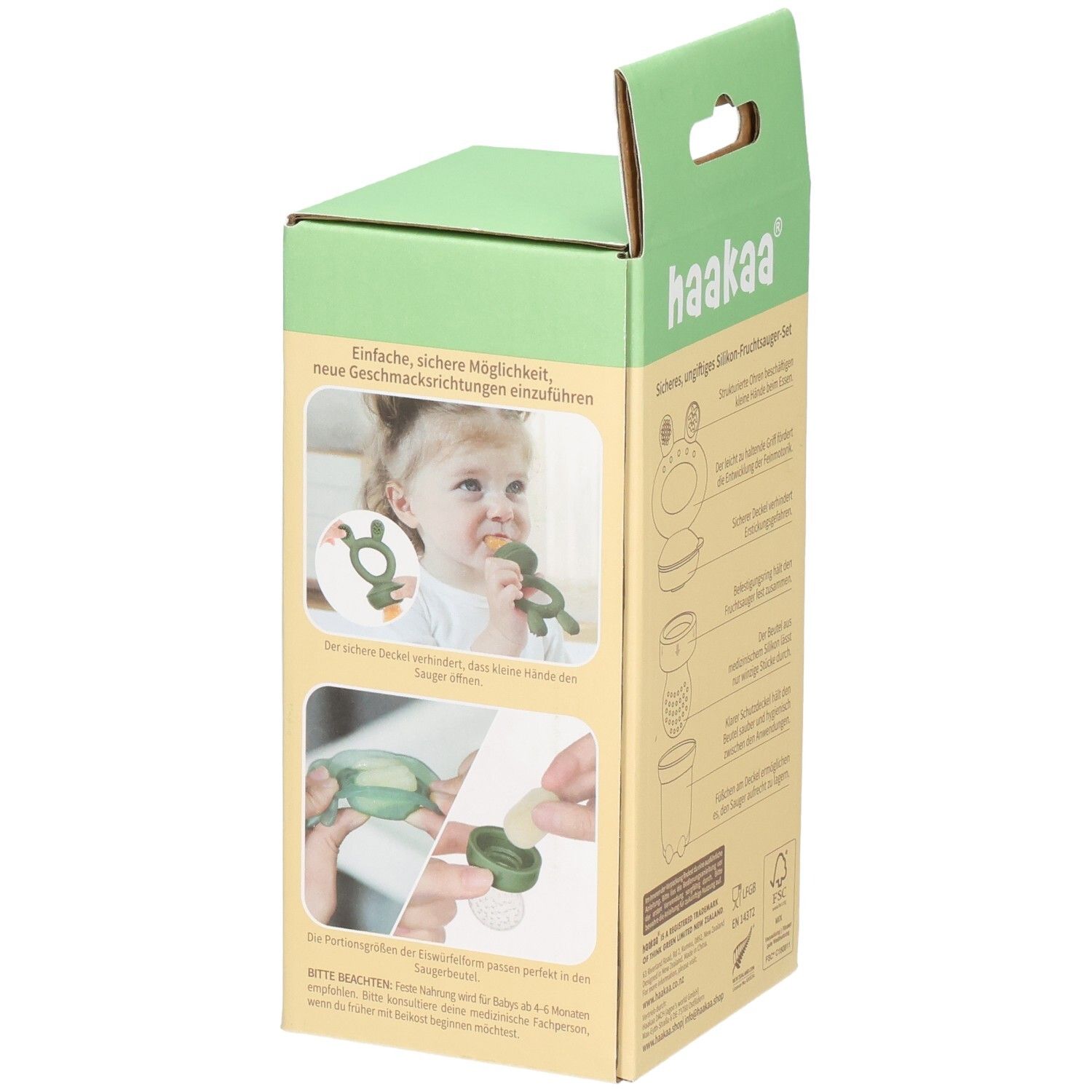 Vorderseite der Haakaa Freeze-N-Feed Mini Combo Verpackung mit Produktabbildungen.
