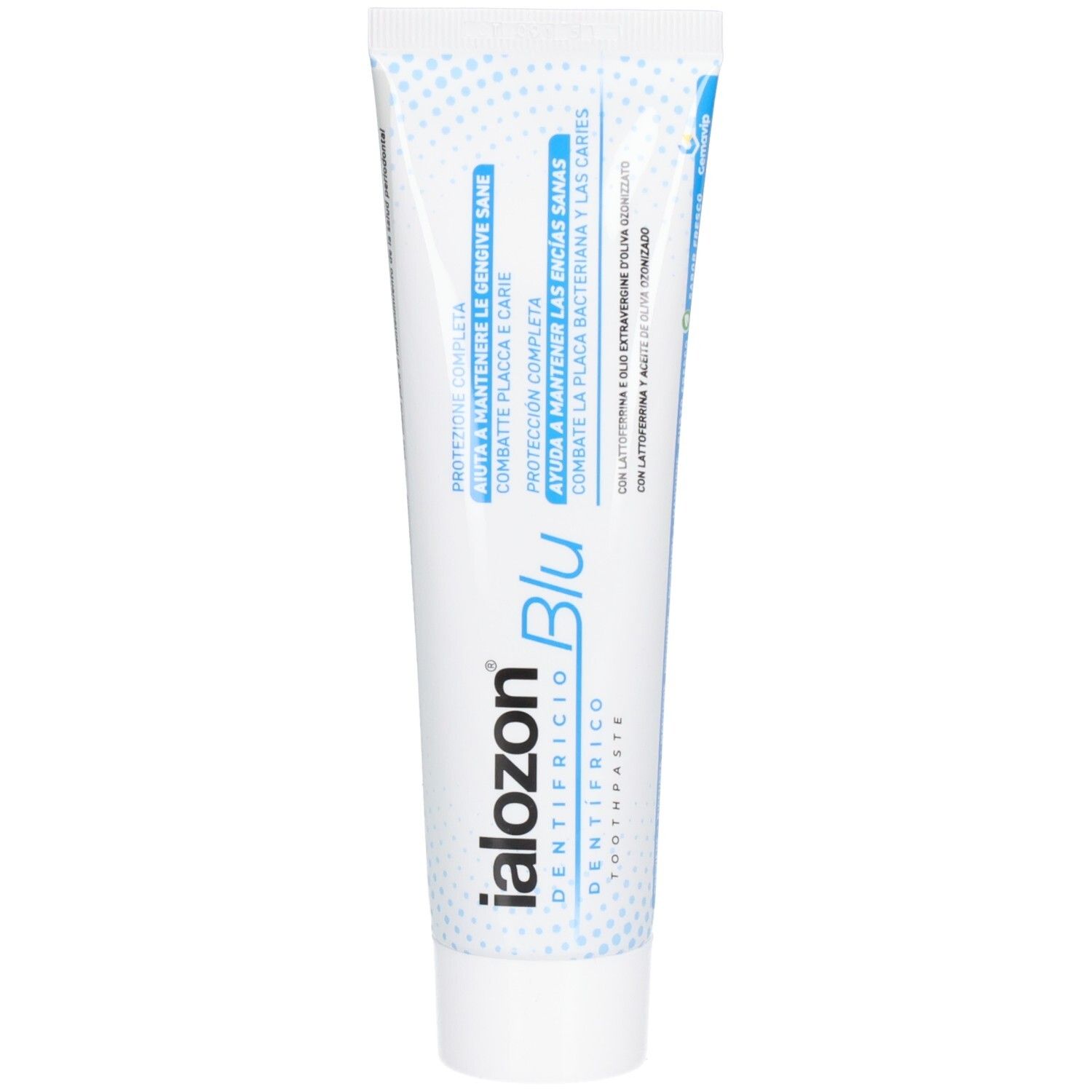 Tube de dentifrice blanche et bleue. Texte: IALOZON Blu, Dentifricio, Protection, pour des gencives saines. Bouchon bleu.