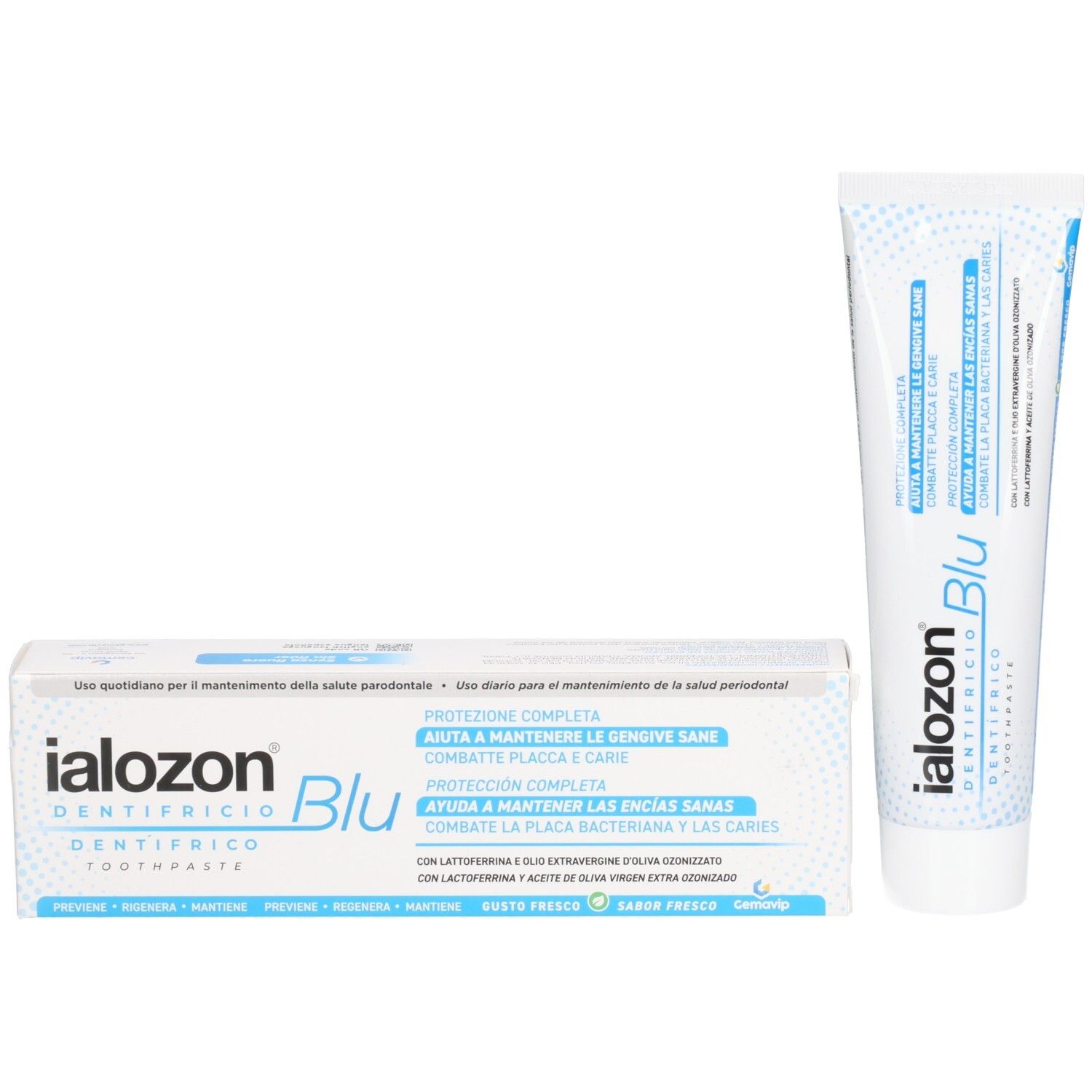 Tube et boîte de dentifrice. Les deux blancs avec un design bleu. Texte: IALOZON Blu, Dentifricio, Protection, pour des gencives saines.