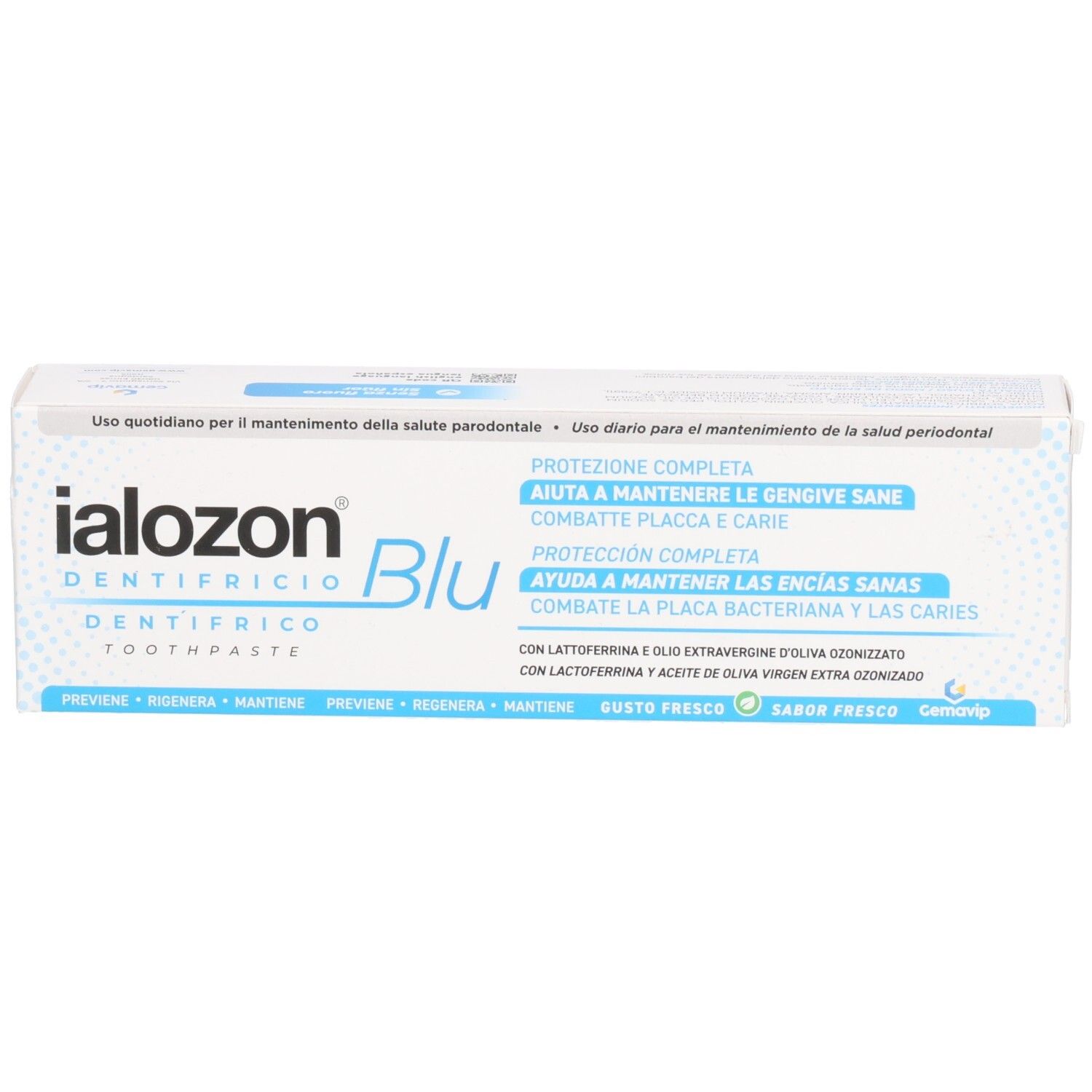 Boîte de dentifrice, blanche avec un design bleu. Texte: IALOZON Blu, Dentifricio, Protection, pour des gencives saines.