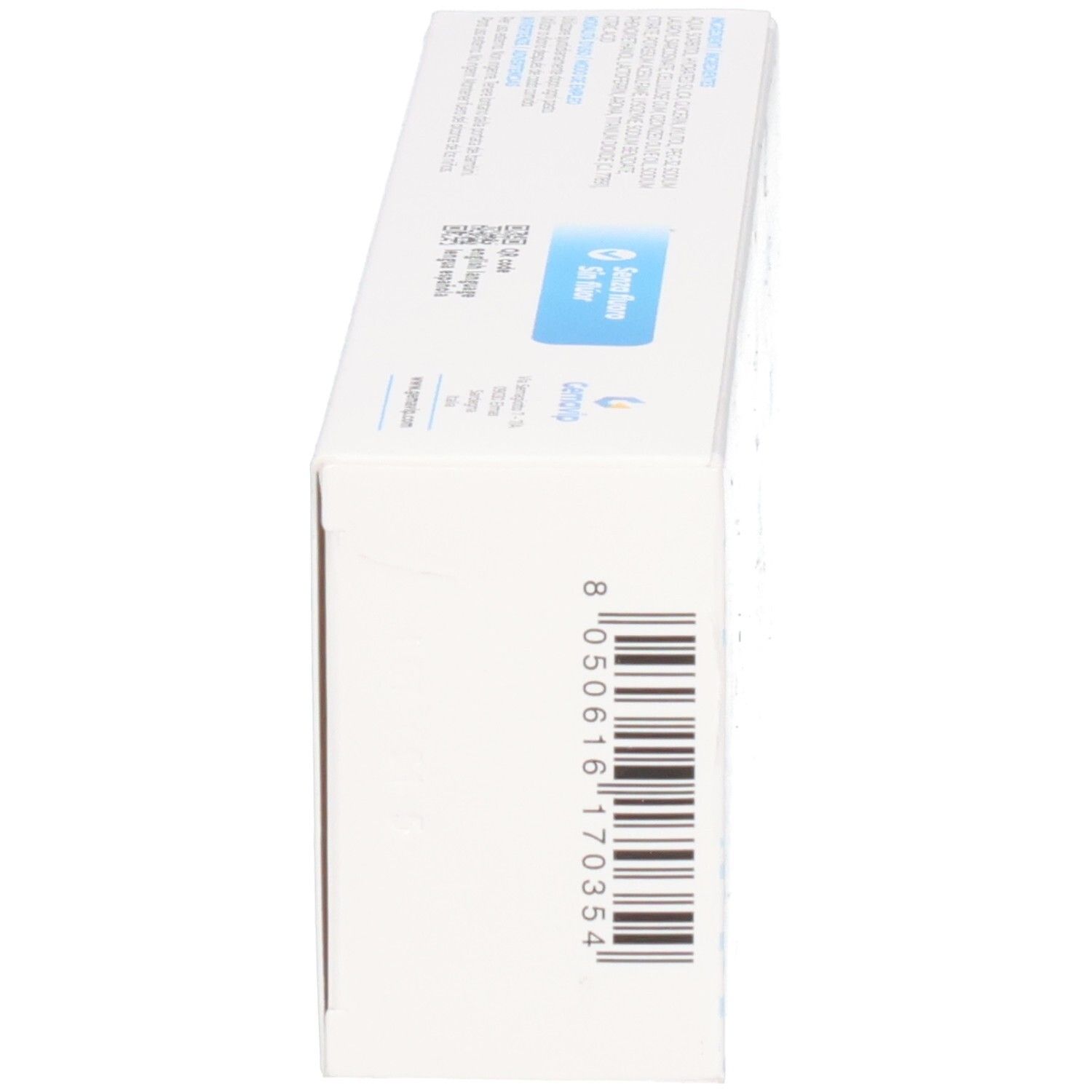 Boîte de dentifrice, vue latérale. Blanche avec texte et code-barres.