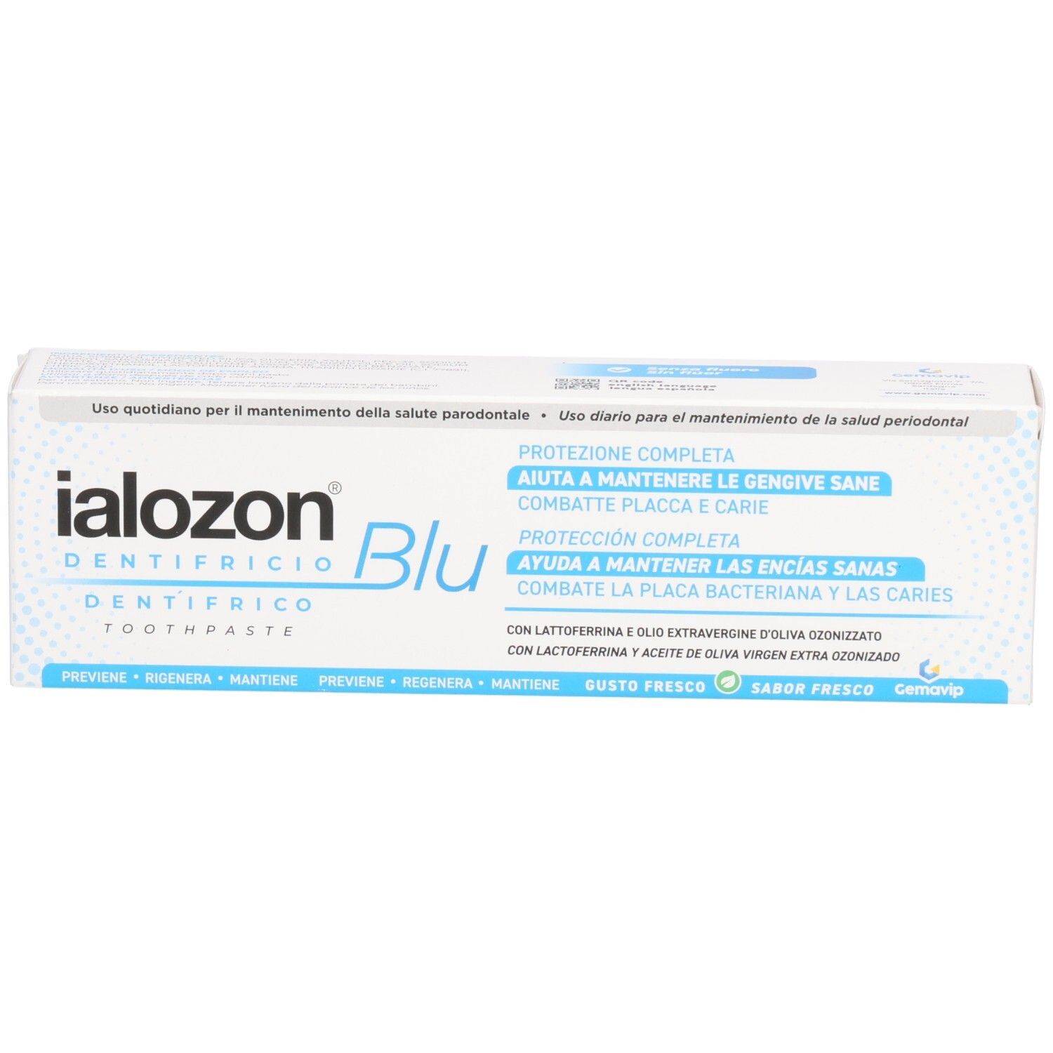 Boîte de dentifrice, blanche avec un design bleu. Texte: IALOZON Blu, Dentifricio, Protection, pour des gencives saines.