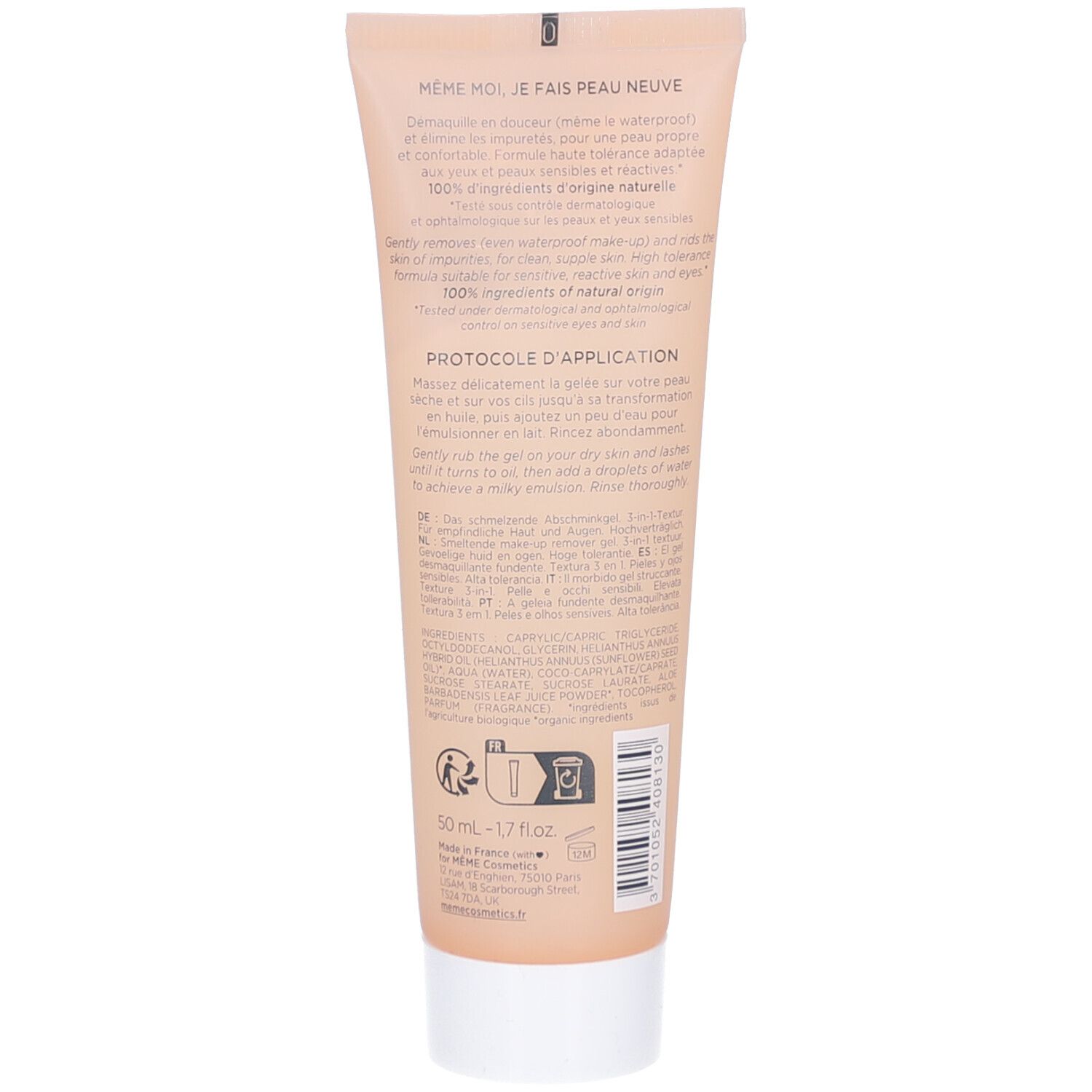 Dos du tube. Texte en français, anglais et allemand. Contient des informations sur le produit et son utilisation.