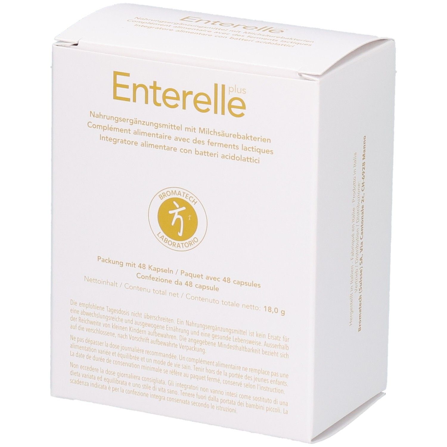 Boîte pliante blanche avec inscription dorée, face avant indiquant le nom du produit et des informations.