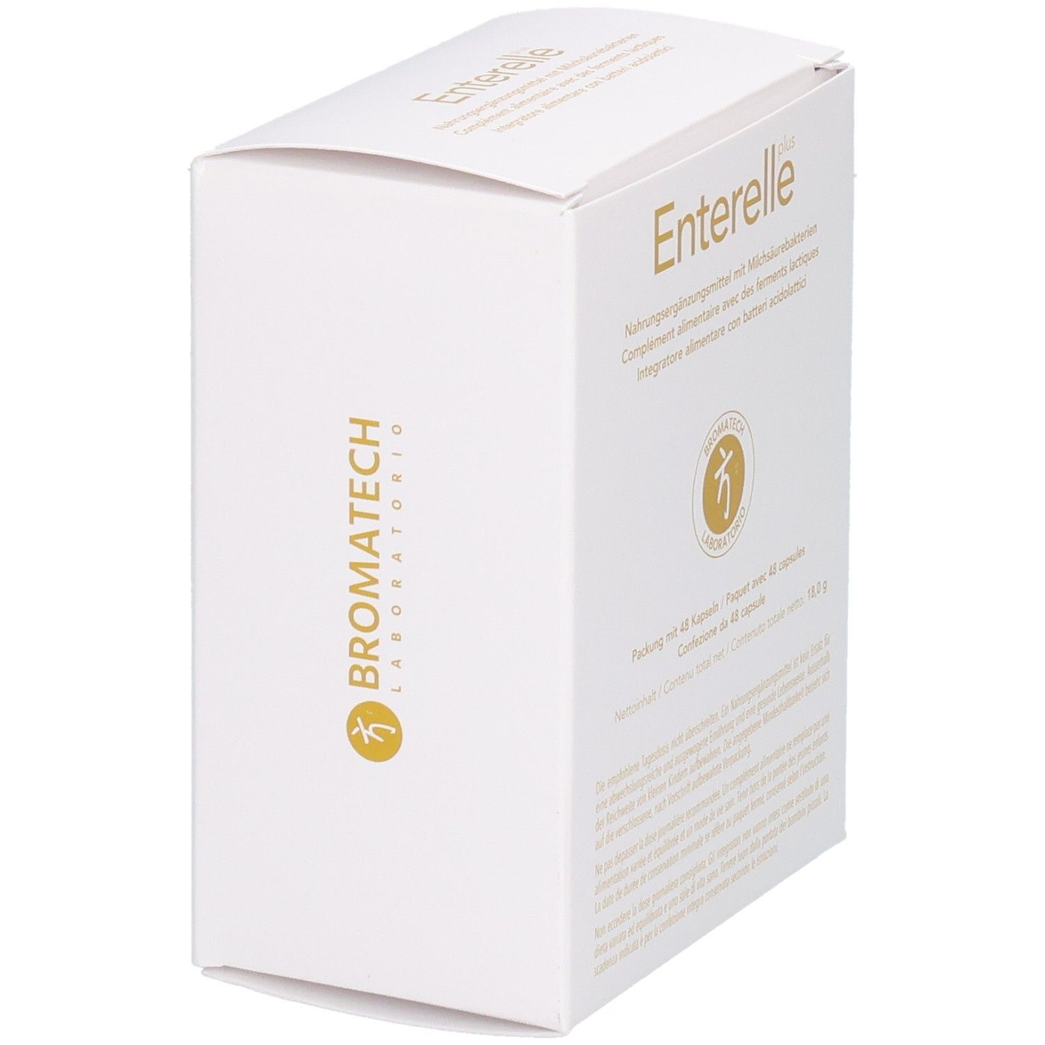 Boîte pliante blanche avec inscription dorée, vue latérale montrant le logo et le nom du produit.