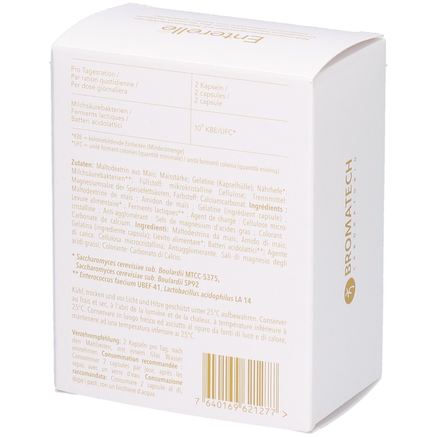 Boîte pliante blanche avec inscription dorée, dos indiquant les ingrédients et les instructions d'utilisation.